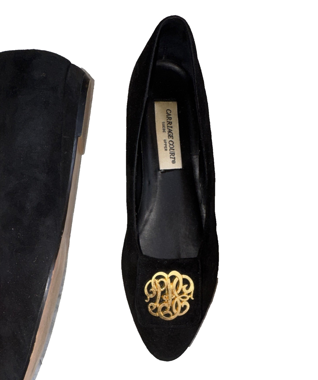 Carriage Court black suede slip on flats, gold tone hardware. 7.5M