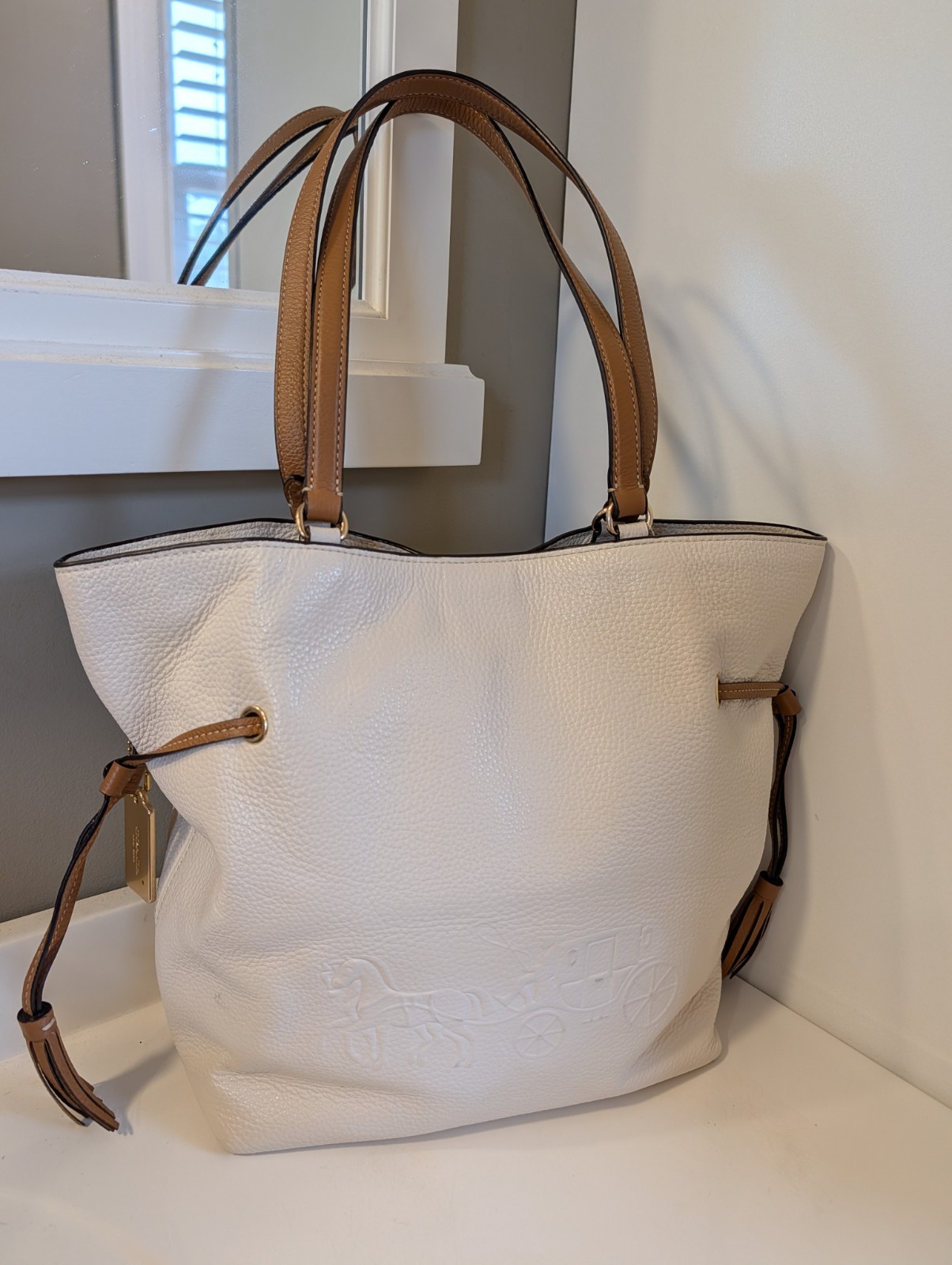 Coach Andy Tote CA165 Horse and Carriage Chalk Pebble Leather Shoulder Tote