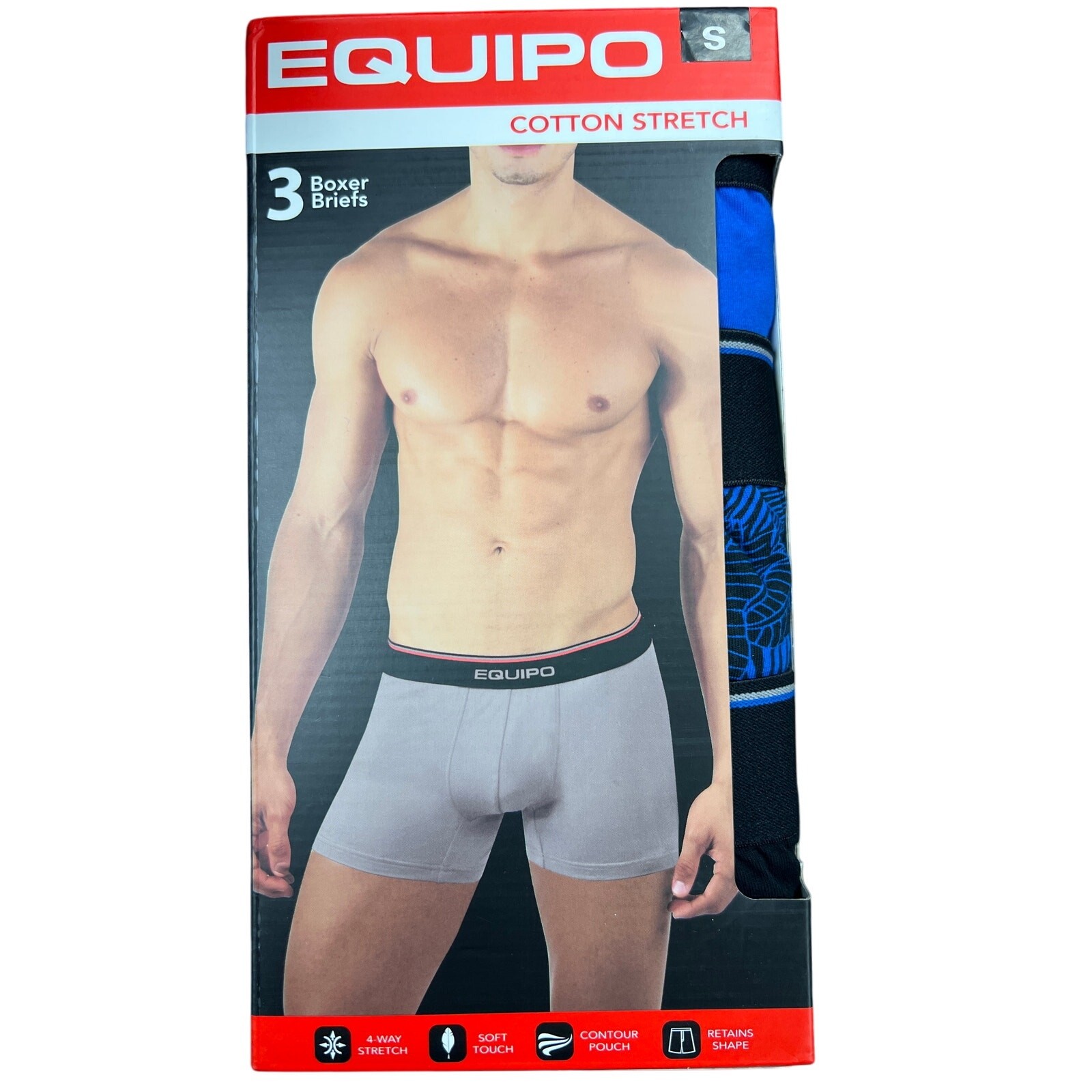 Equipo Men’s Cotton Stretch Boxer Briefs, 3 Pack, Blue & Black, Size Small, New