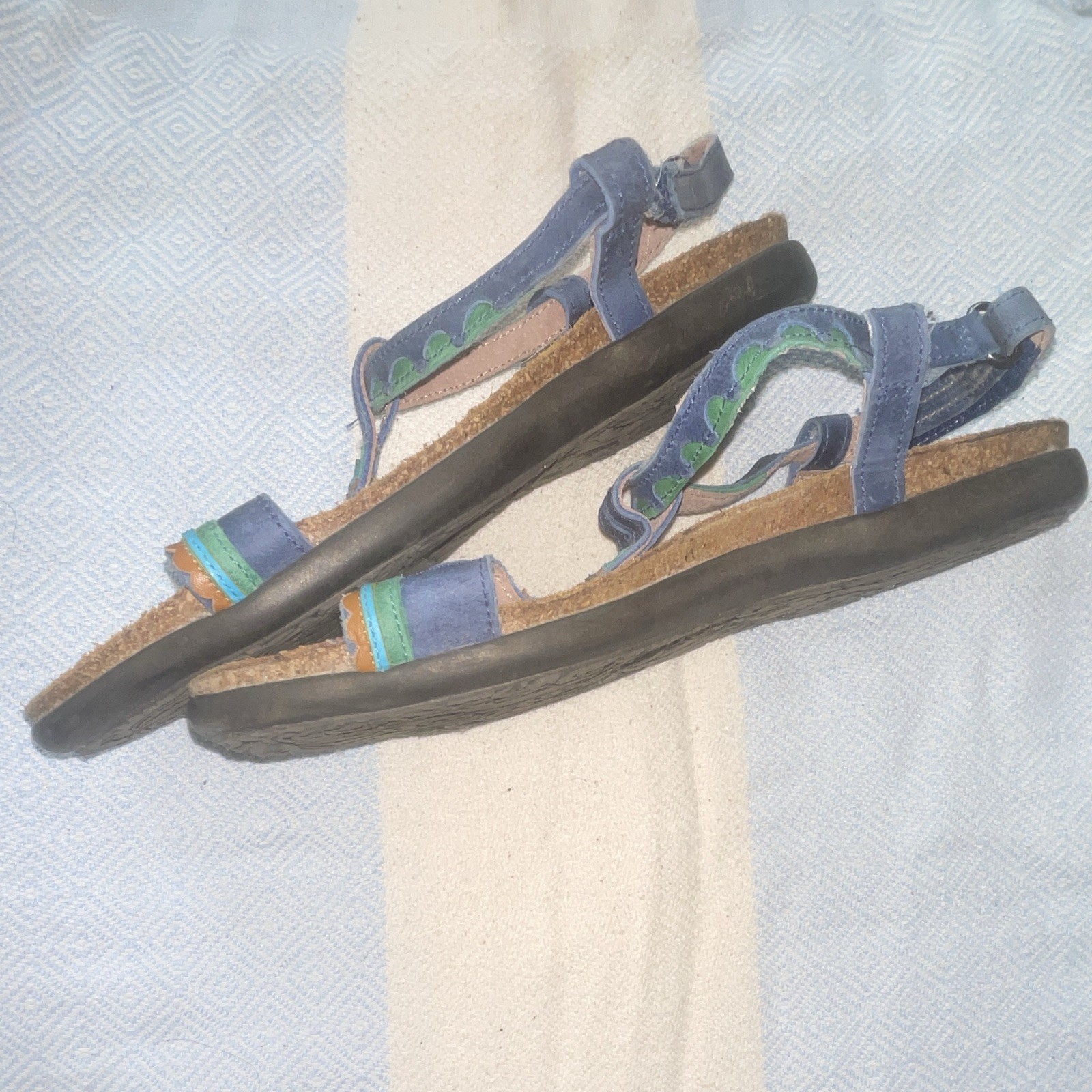 Naot Women’s Strappy Ankle Strap Sandals Leather Geometric Blue/Green/Tan 6