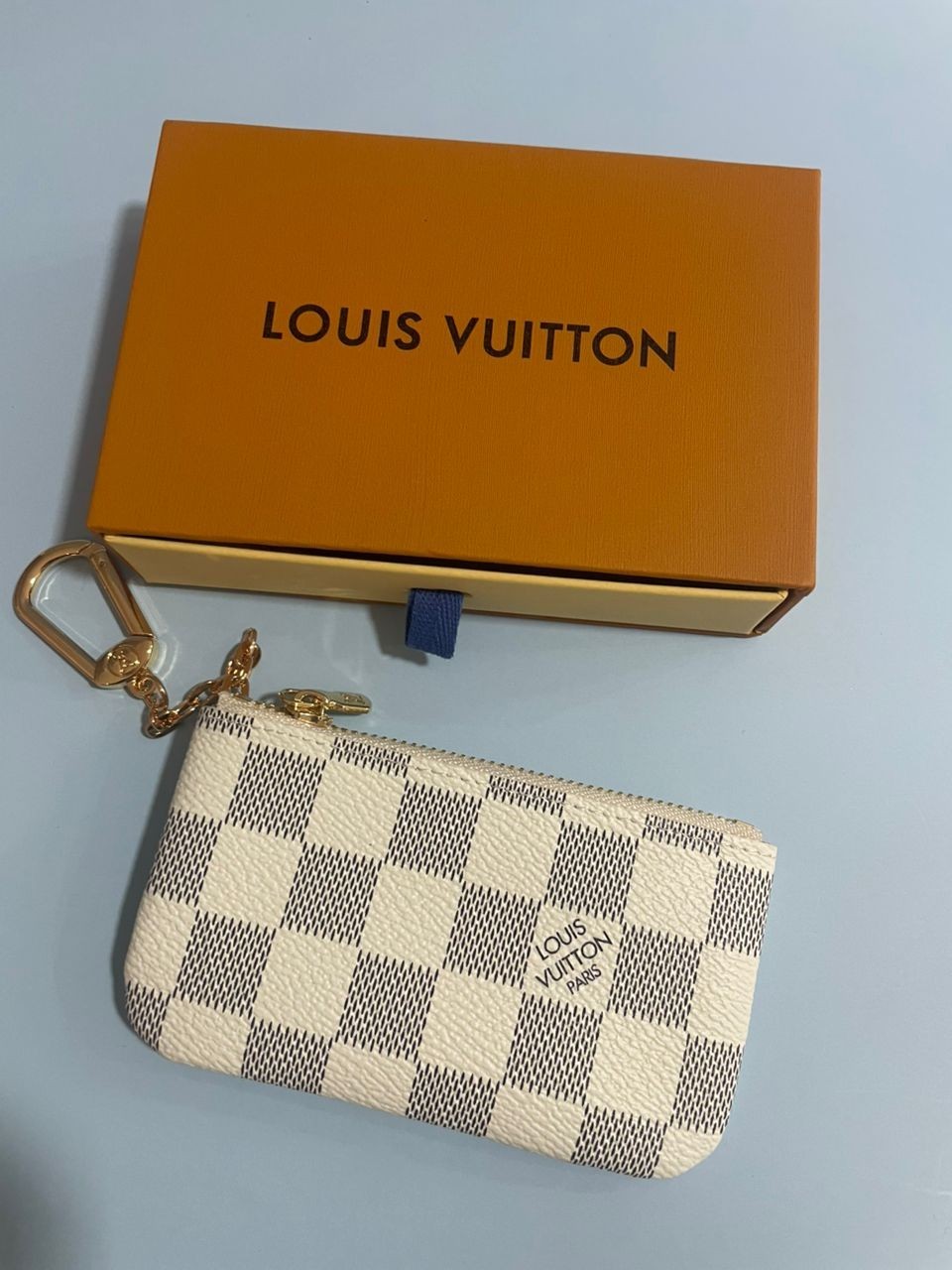 LOUIS VUITTON Azure Damier Ebene Coin Purse Key Pochette Cles with Box