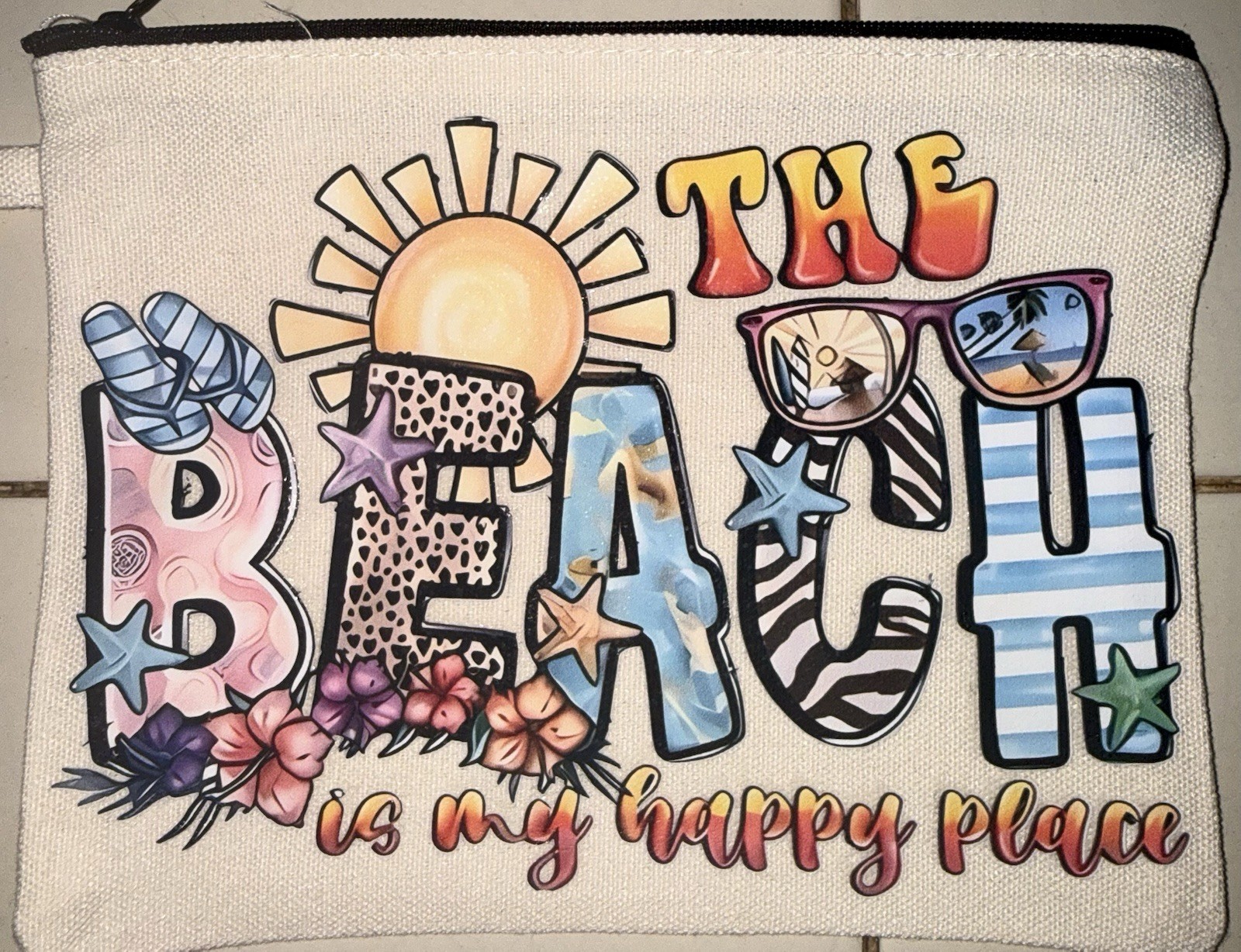 Beach Theme Small Pouch Canvas Bag With A Wrist Strap Zipper Top