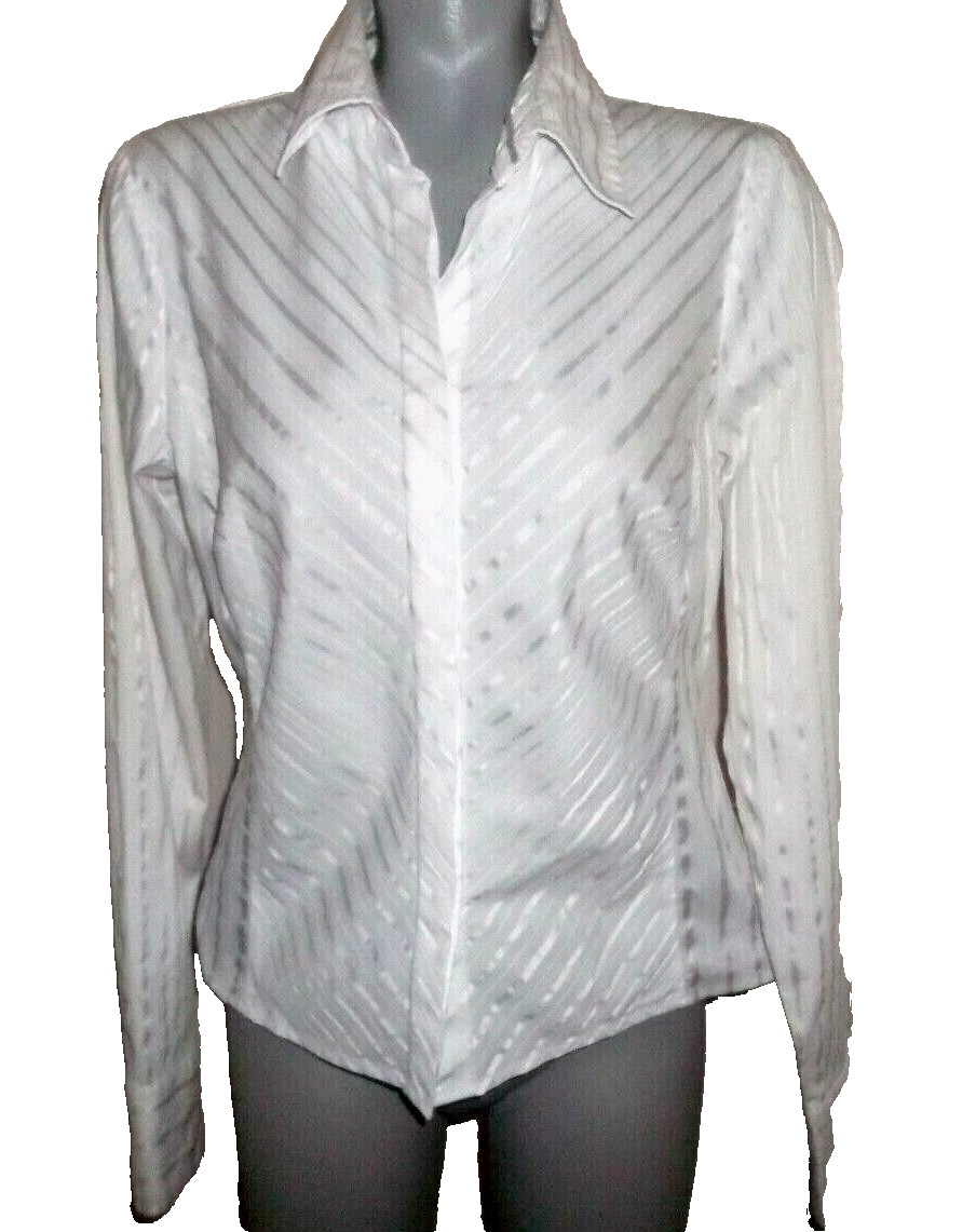 WORTHINGTON White Stripe Career Blouse Size 10, Long Slv Cotton/Poly/Spandex VGC