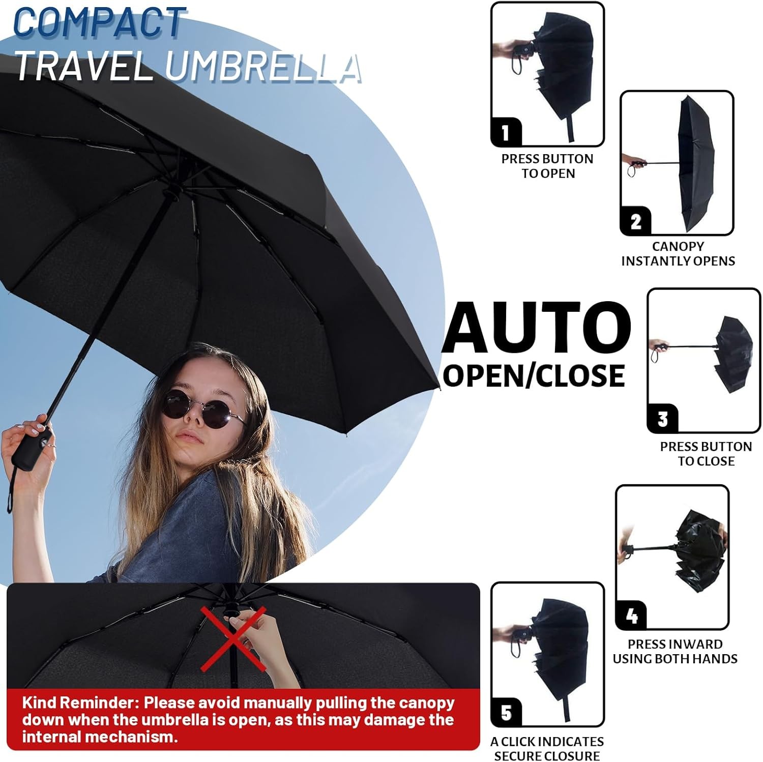 SY COMPACT Travel Umbrella – Windproof Automatic Compact Umbrella for Rain