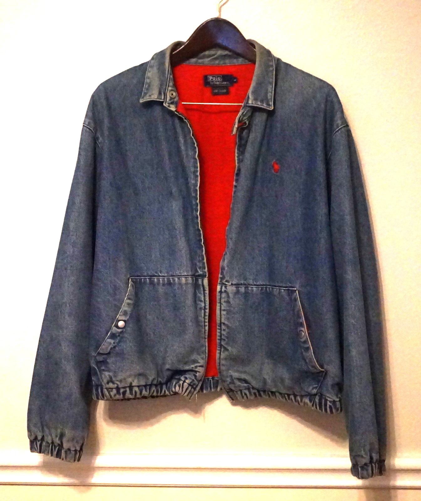 Vintage Polo Ralph Lauren Red Pony Denim Bomber Jacket USA Size Large