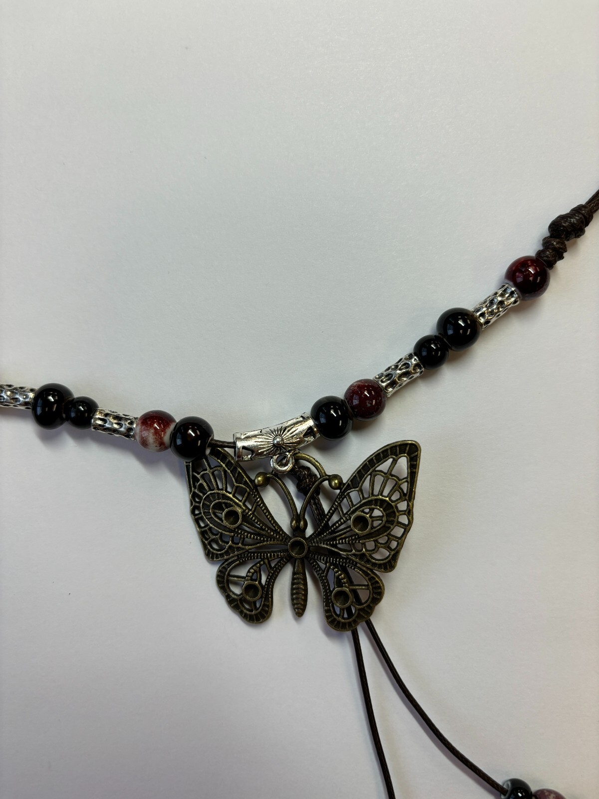Black White Bead Silver Butterfly Pendant Charm Blessing Vintage Necklace