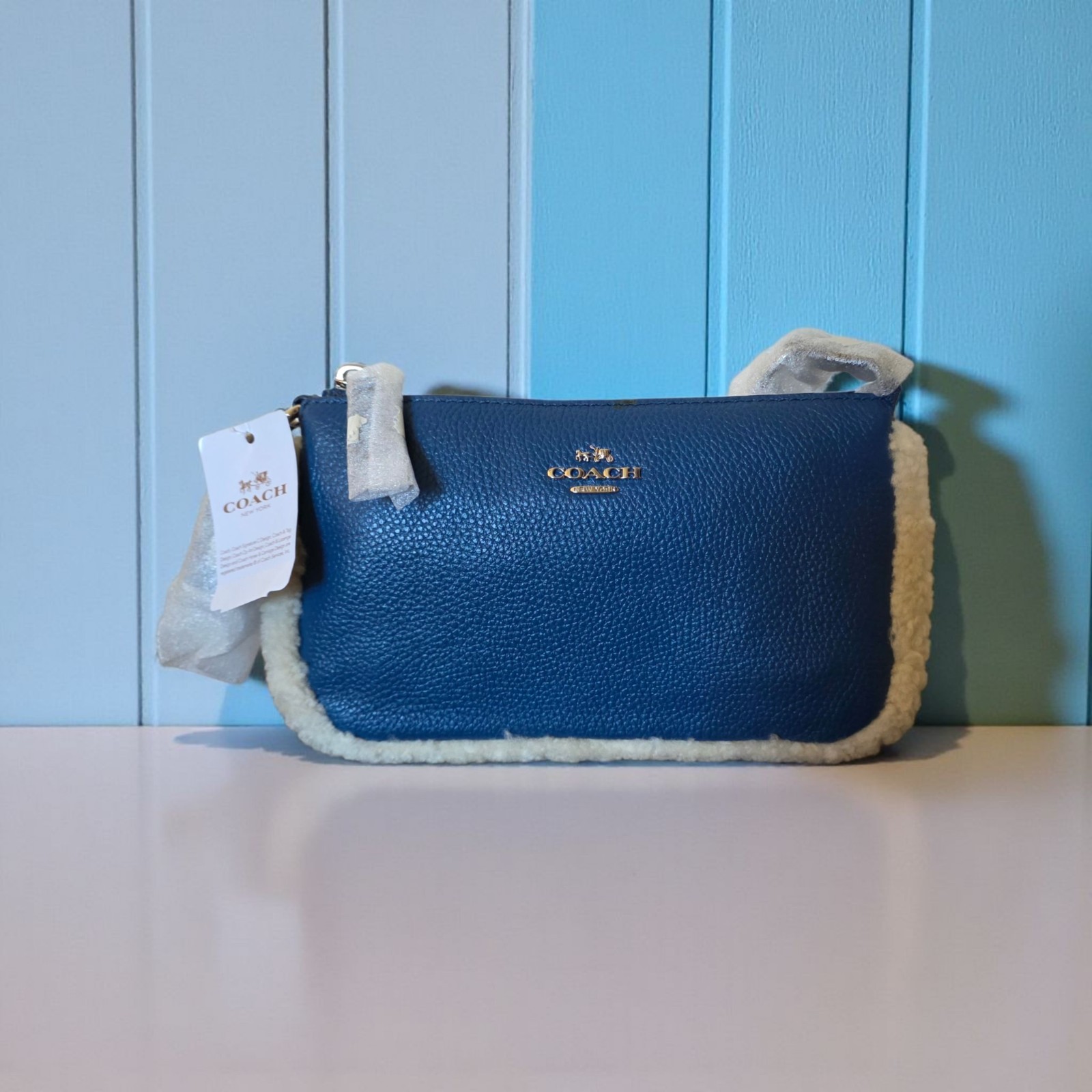 Coach Nolita 19 Shearling Blue Pebble Leather Wristlet Chain Bag NWT