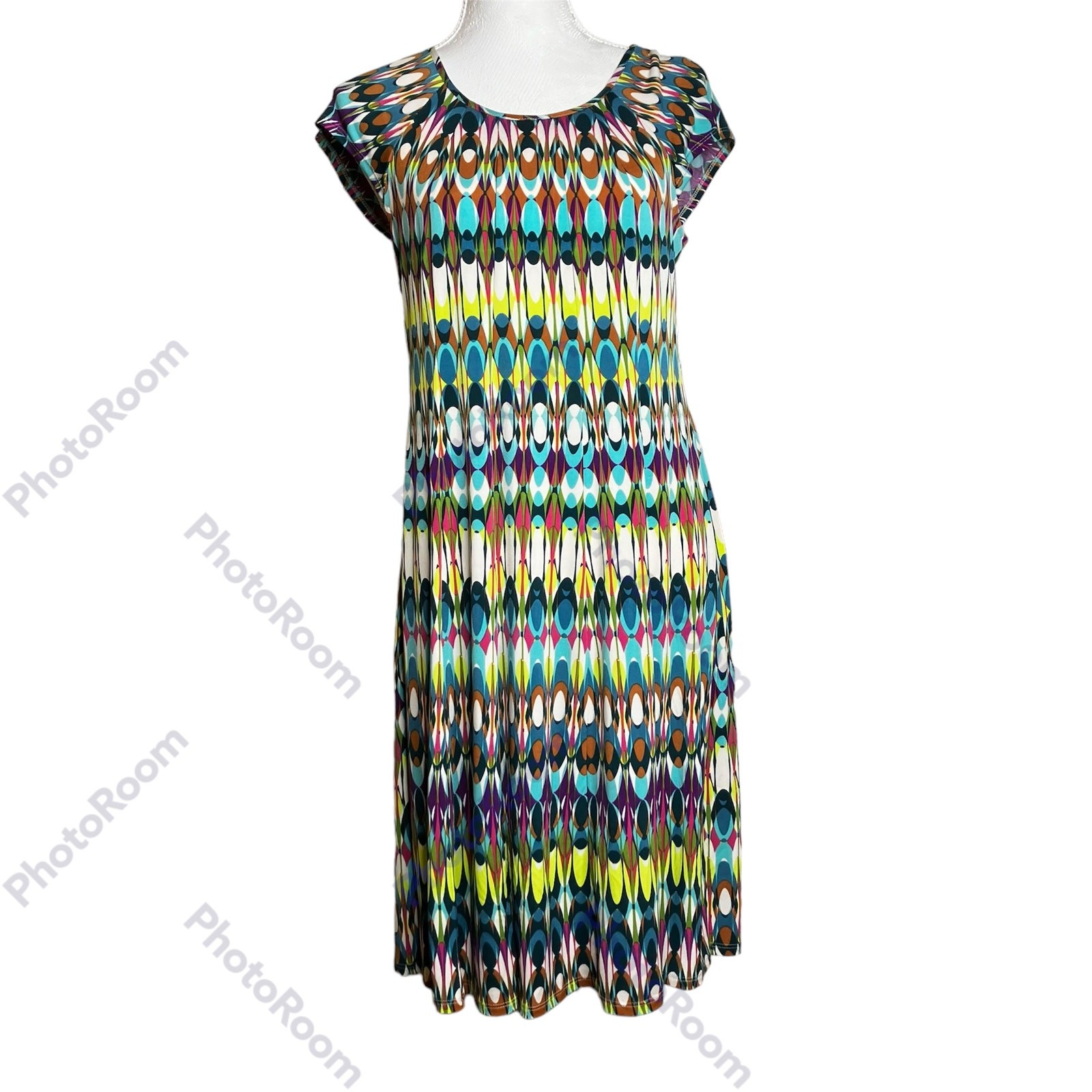 Gabby Skye Dress Womens Teal & Lime SZ 4 Midi Sheath Dress 70’s Vibrant Colors