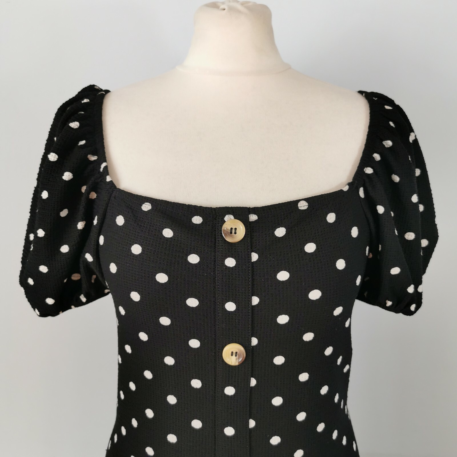 River Island Black Polka Dot Puff Sleeve Button Front Dress Size 14 Square Neck