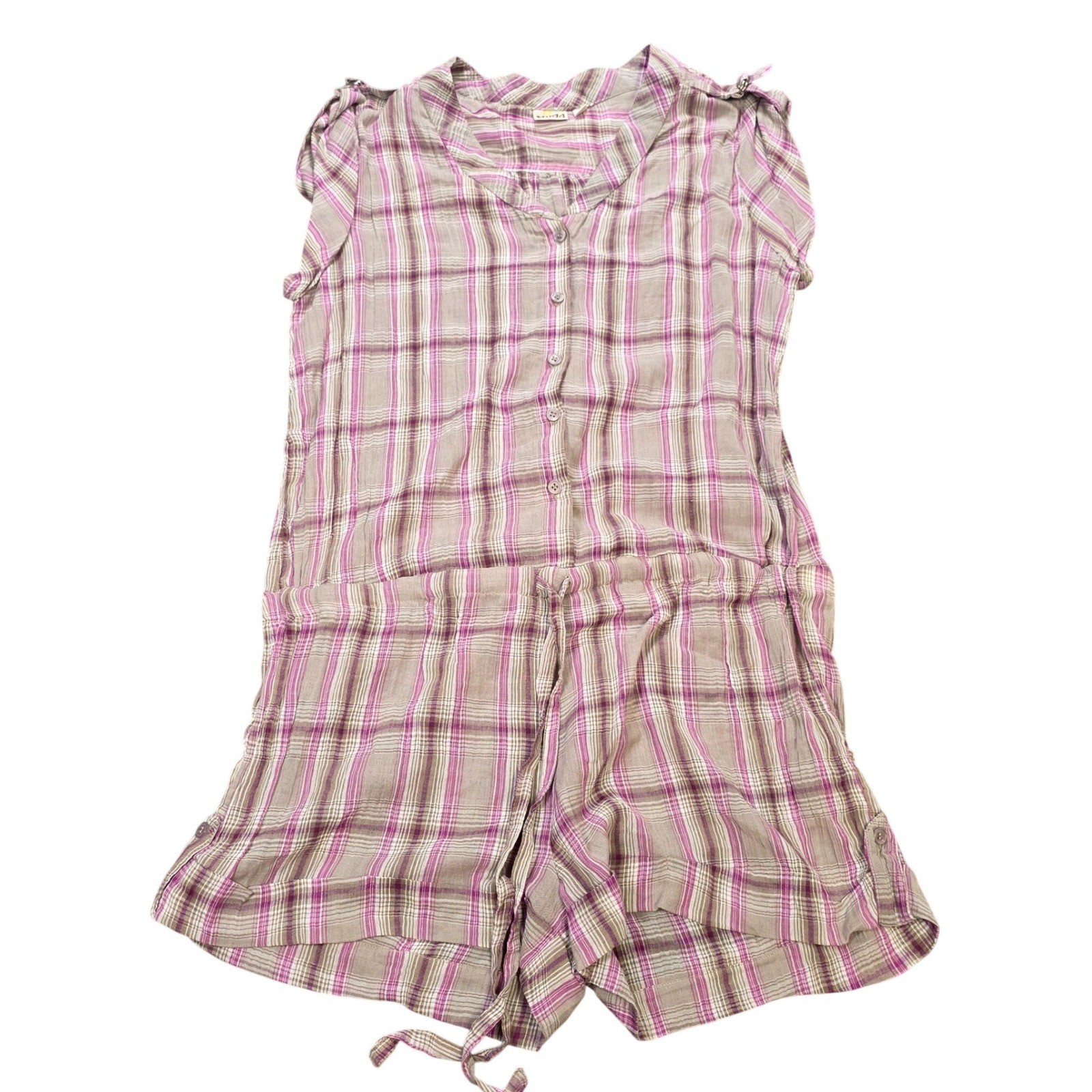 Mudd Sleeveless Romper Women’s Size XL Purple Plaid Button Front Drawstring