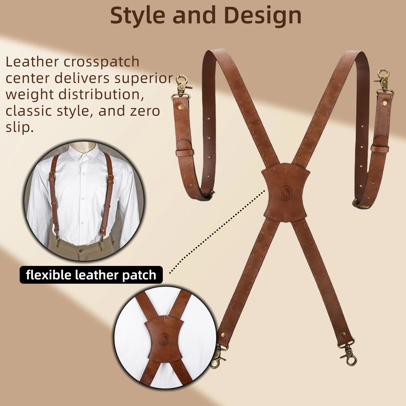 Vintage Leather X-Back Men Suspenders – Adjustable Heavy Duty Metal Hooks Casual
