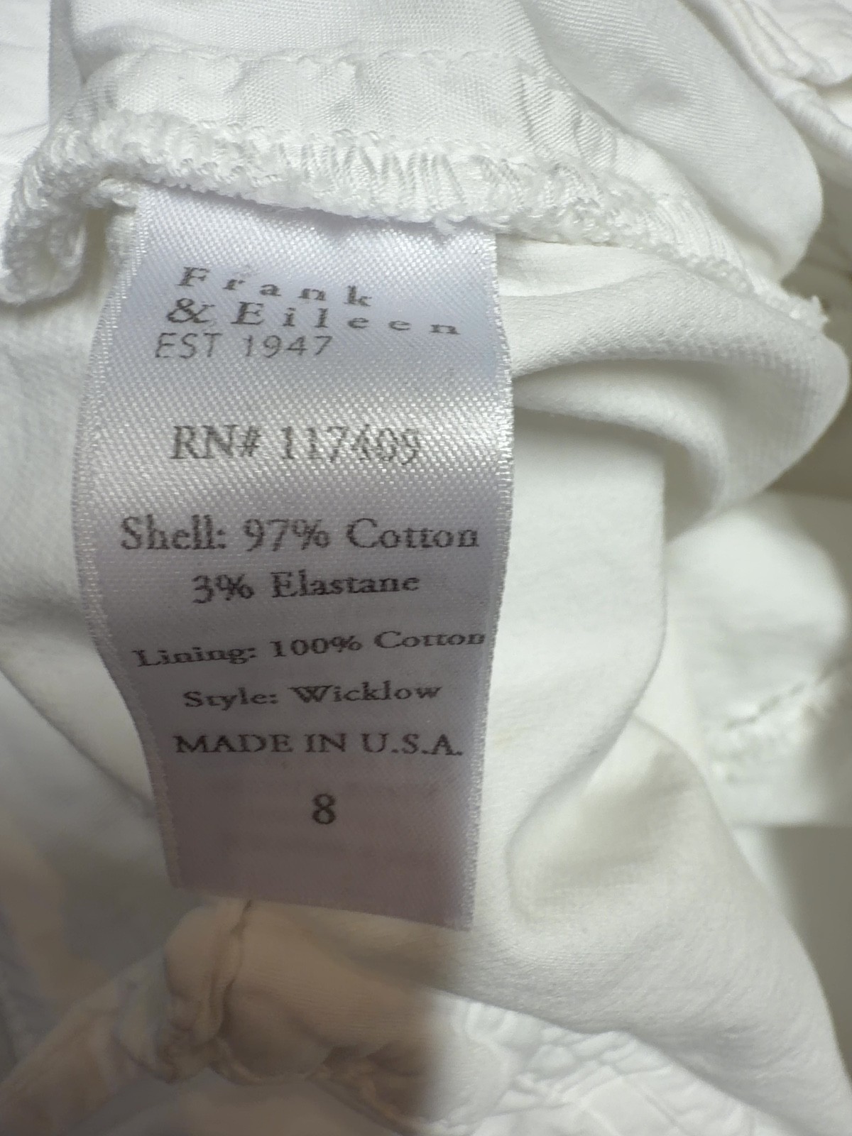 FRANK & EILEEN White Wicklow Pants Stretch Cotton Trousers Size 8