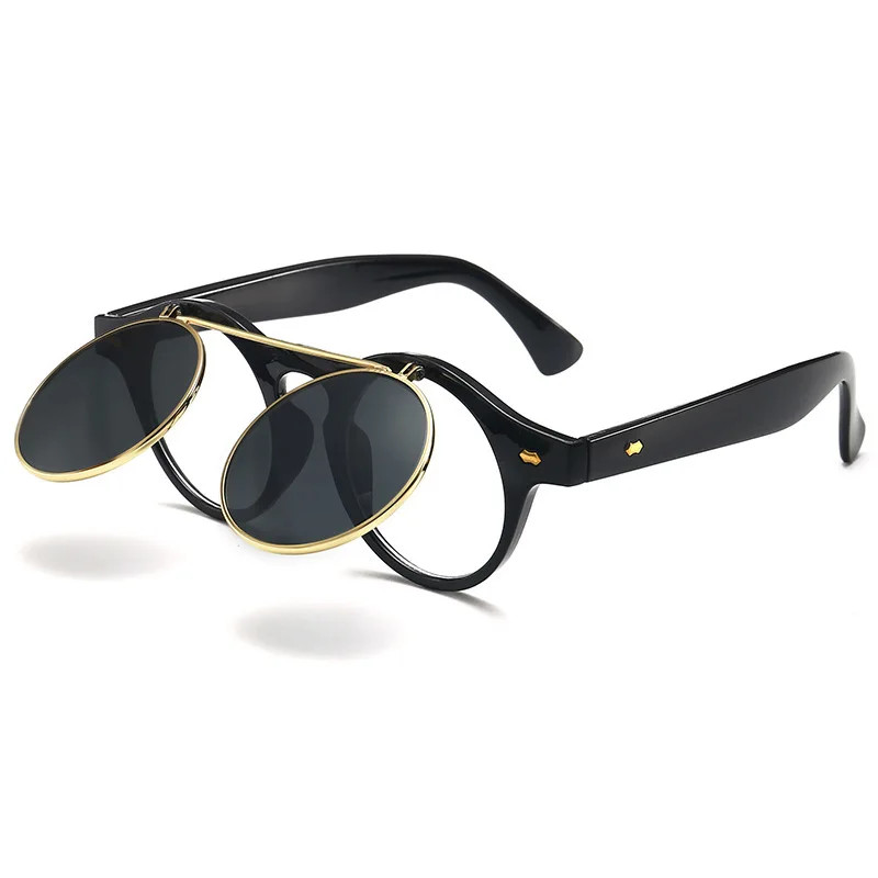 New Vintage Flip Cover Round Sunglasses Women Men Circular Sun Glasses Female