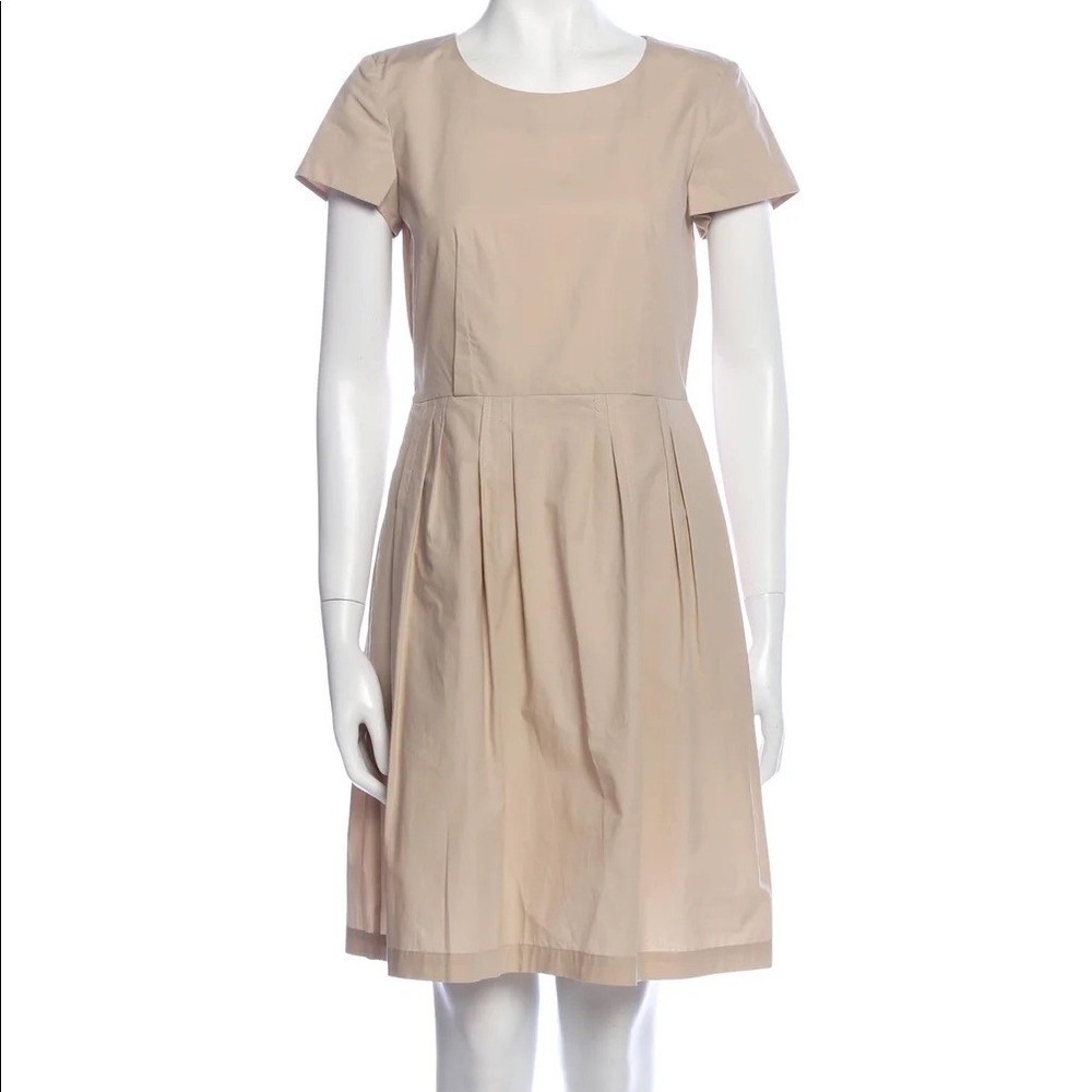 Lafayette 148 New women 2 short sleeve pleated dress round neck khaki beige