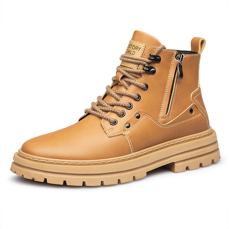 Men’s Hiking Trekking Leather Flat Boots High Top Zipper Height Increasing Shoes