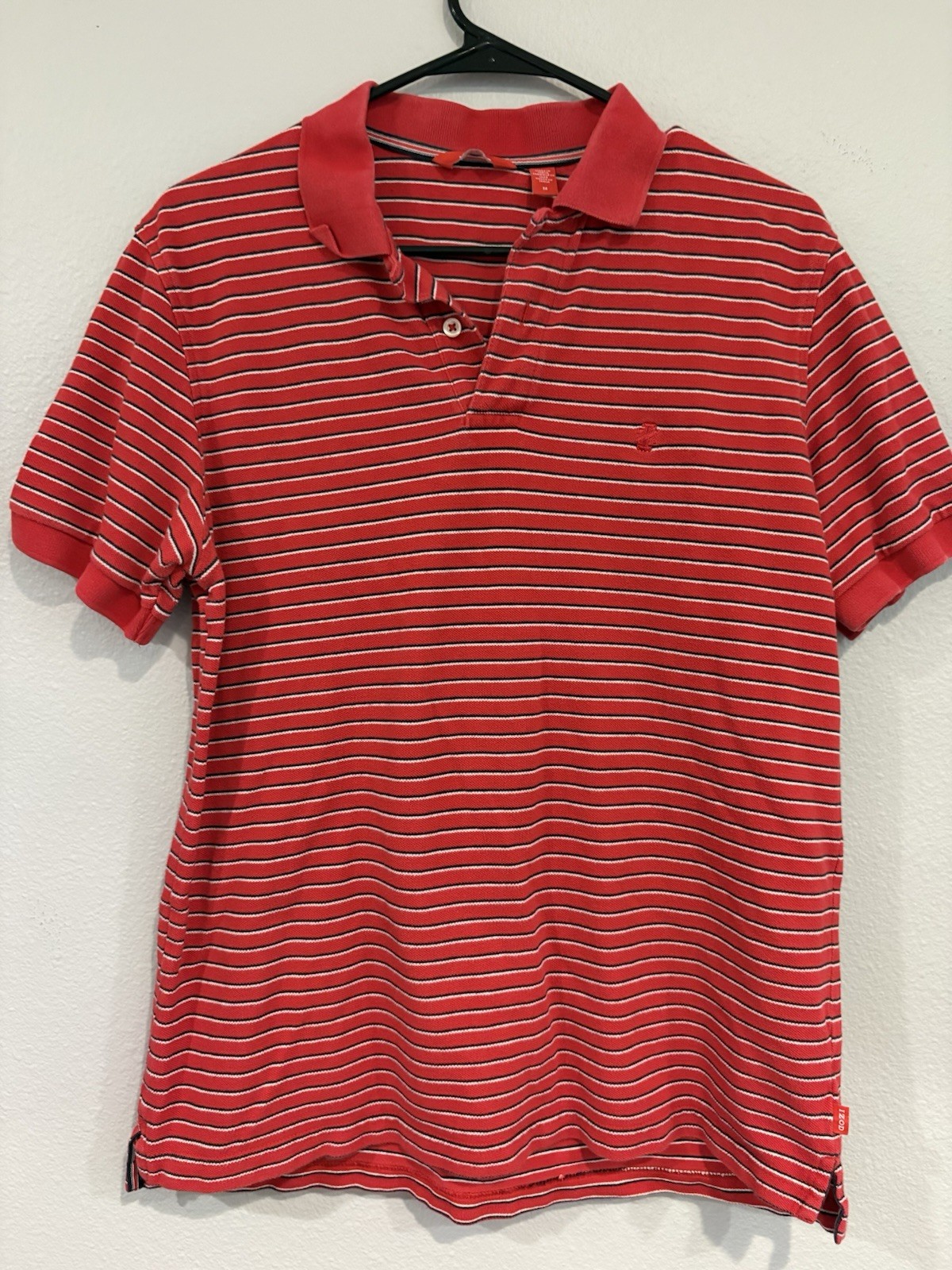 IZOD Men’s Striped Polo Shirt M Red White Blue Short Sleeve Button Knit
