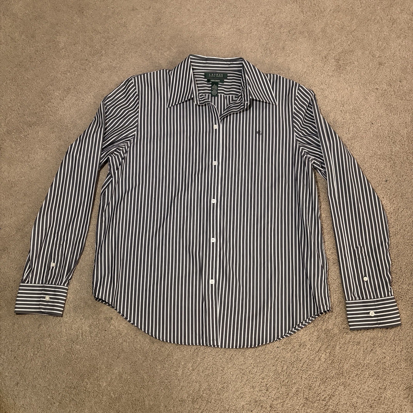LAUREN Ralph Lauren Vintage B/W Stripe Cotton Button Down Shirt Large Non-Iron