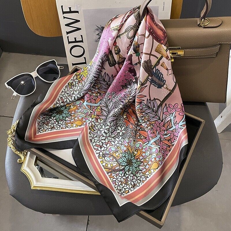100% Silk Square Scarf Women Vintage Pink Black Kerchief Headscarf Wrap 68*68cm