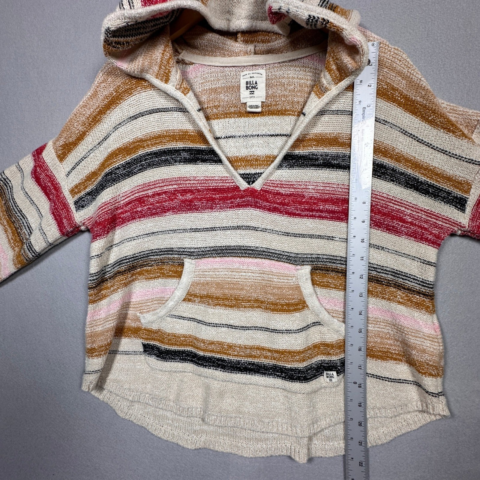 Billabong Womens Striped Knit Hoodie Sweater Multicolor V-Neck Coastal Boho L