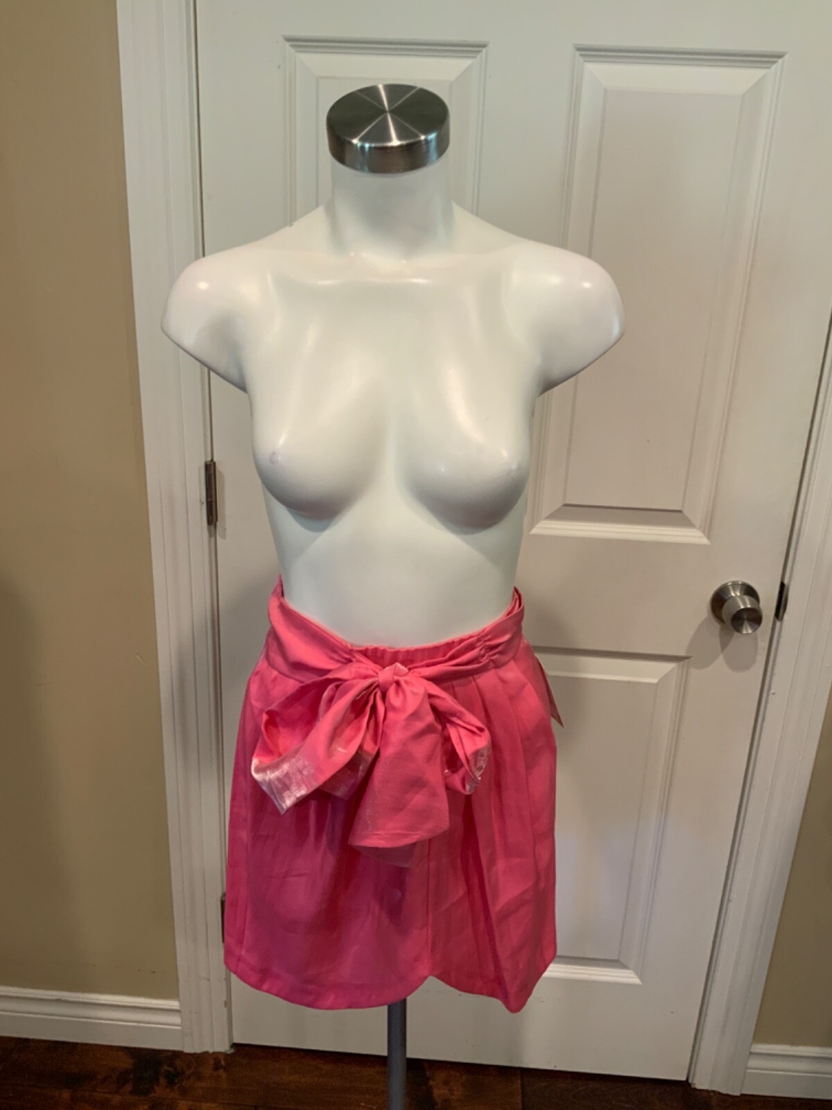 Zara Pink Shimmering Pleated Mini Skirt W/ Tie Waist, Size XS
