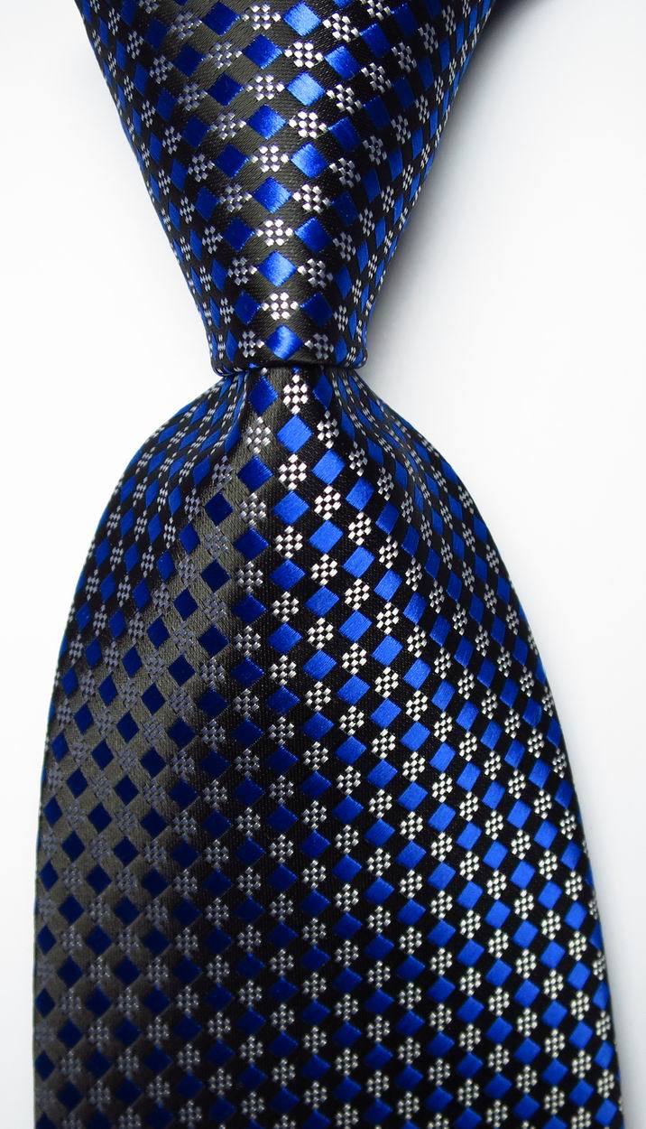 New Classic Checks Dark Blue Black White JACQUARD WOVEN Silk Men’s Tie Necktie