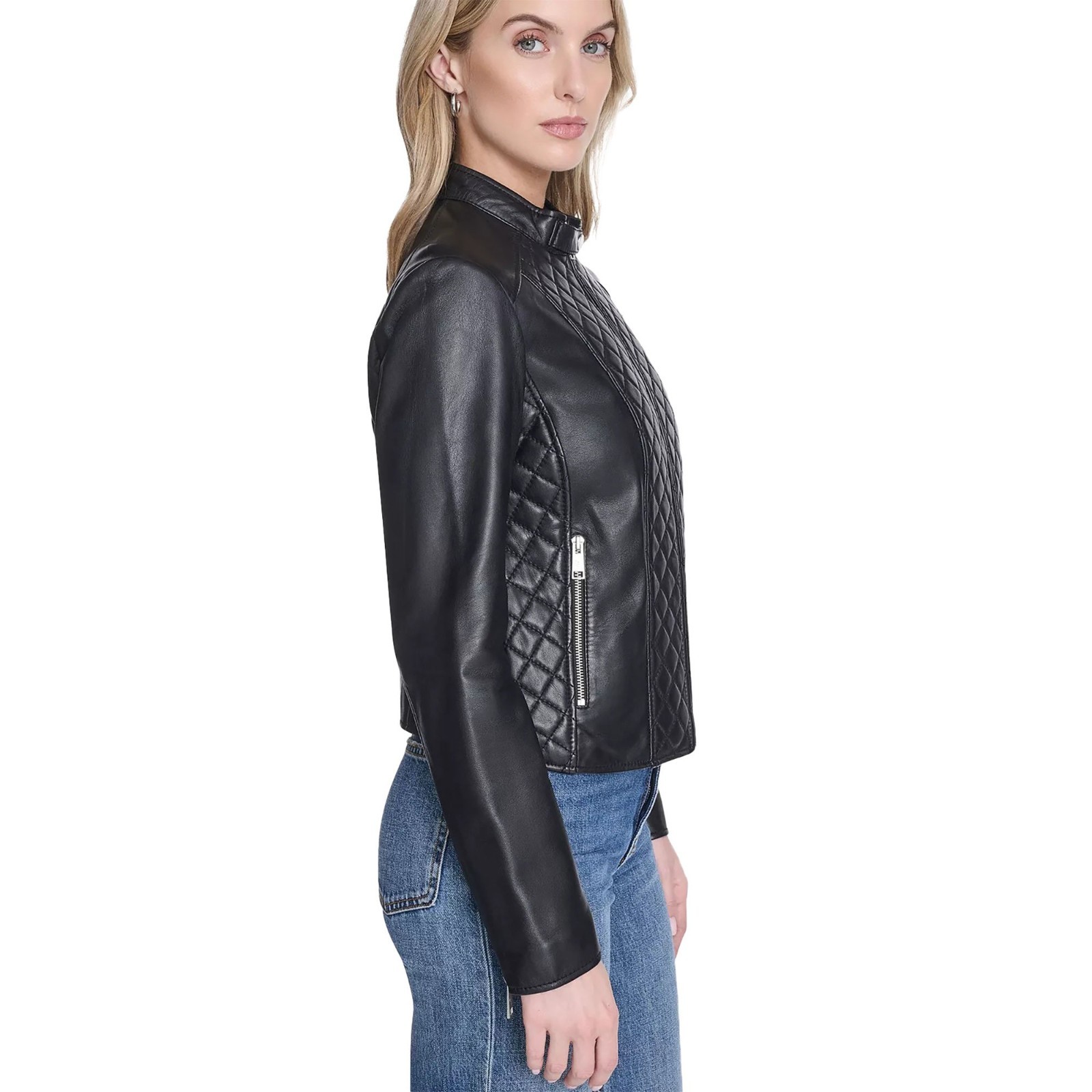 Women Real Leather Jacket Black Quilted Diamond Biker Motorcycle Riding Coat
