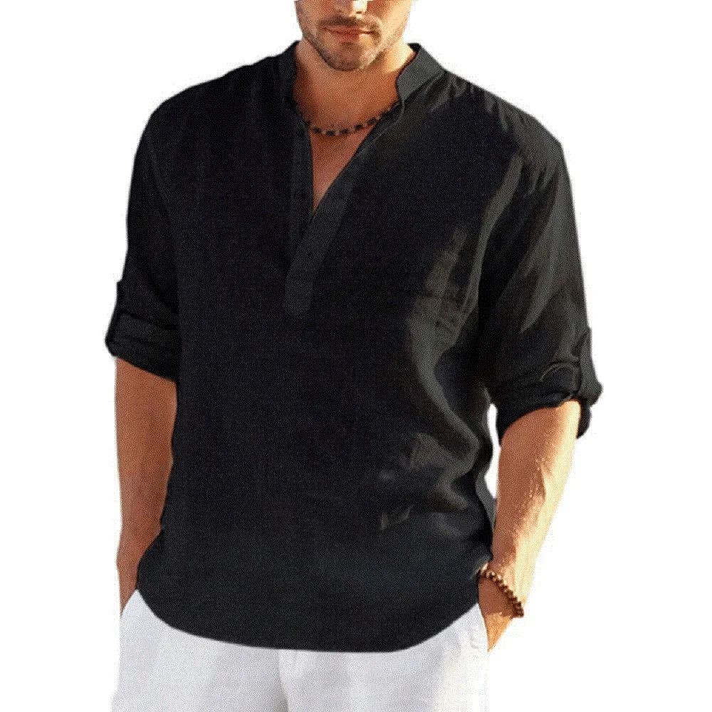 Men’s Cotton Linen Shirt Stand Collar Long Sleeve Casual Pullover Top