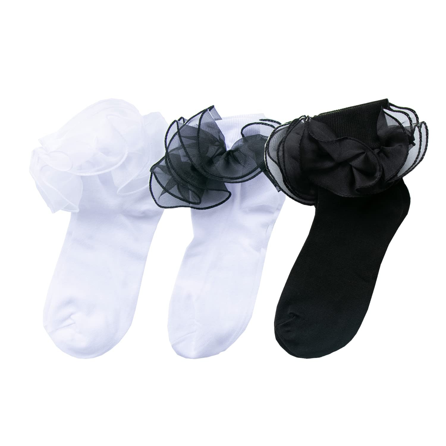 Women Big Ruffle Socks Double Lace Turn Cuff (Size 9-11, 3 Pairs)