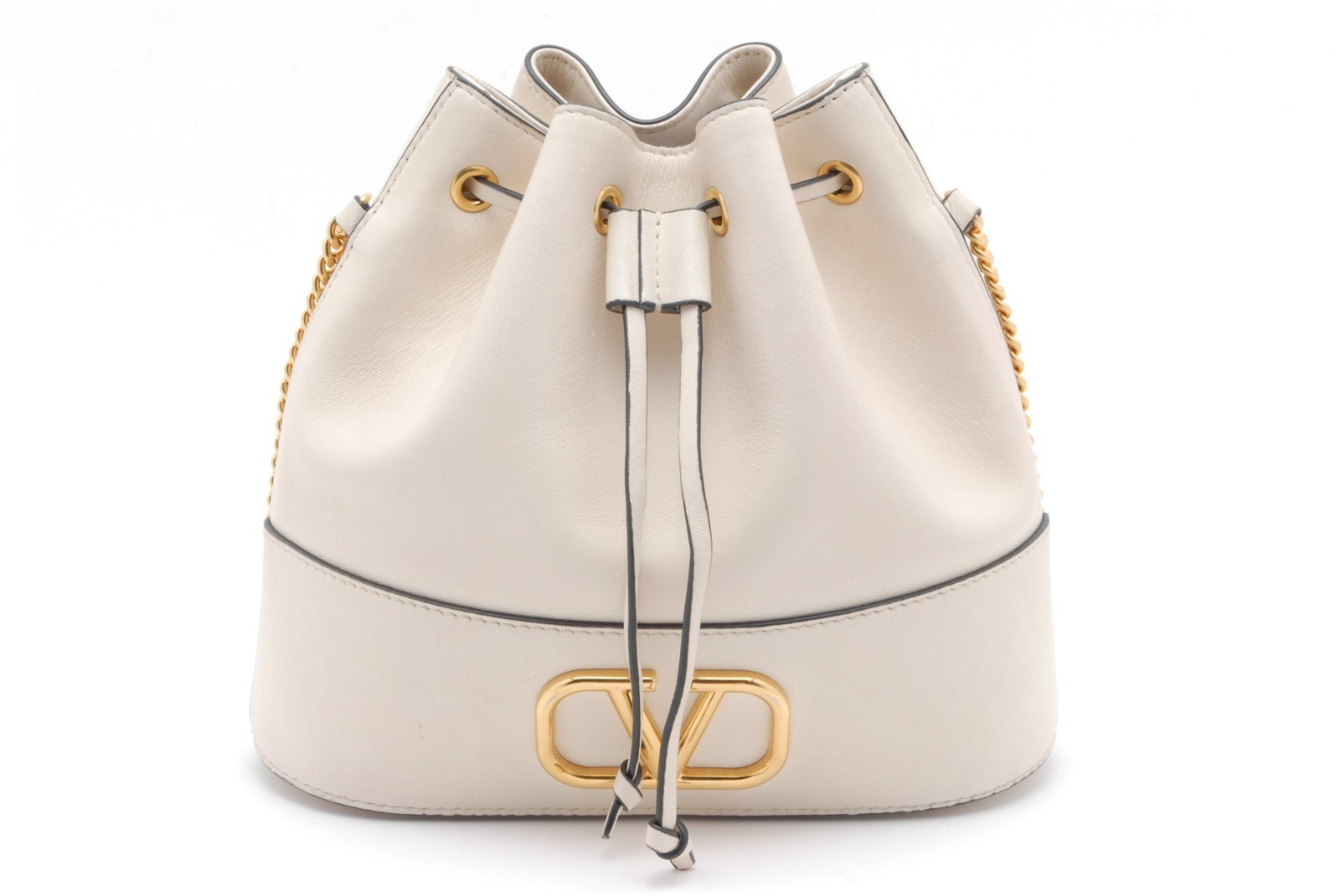Valentino Garavani VLogo White Leather Drawstring Bucket Chain Bag Italy