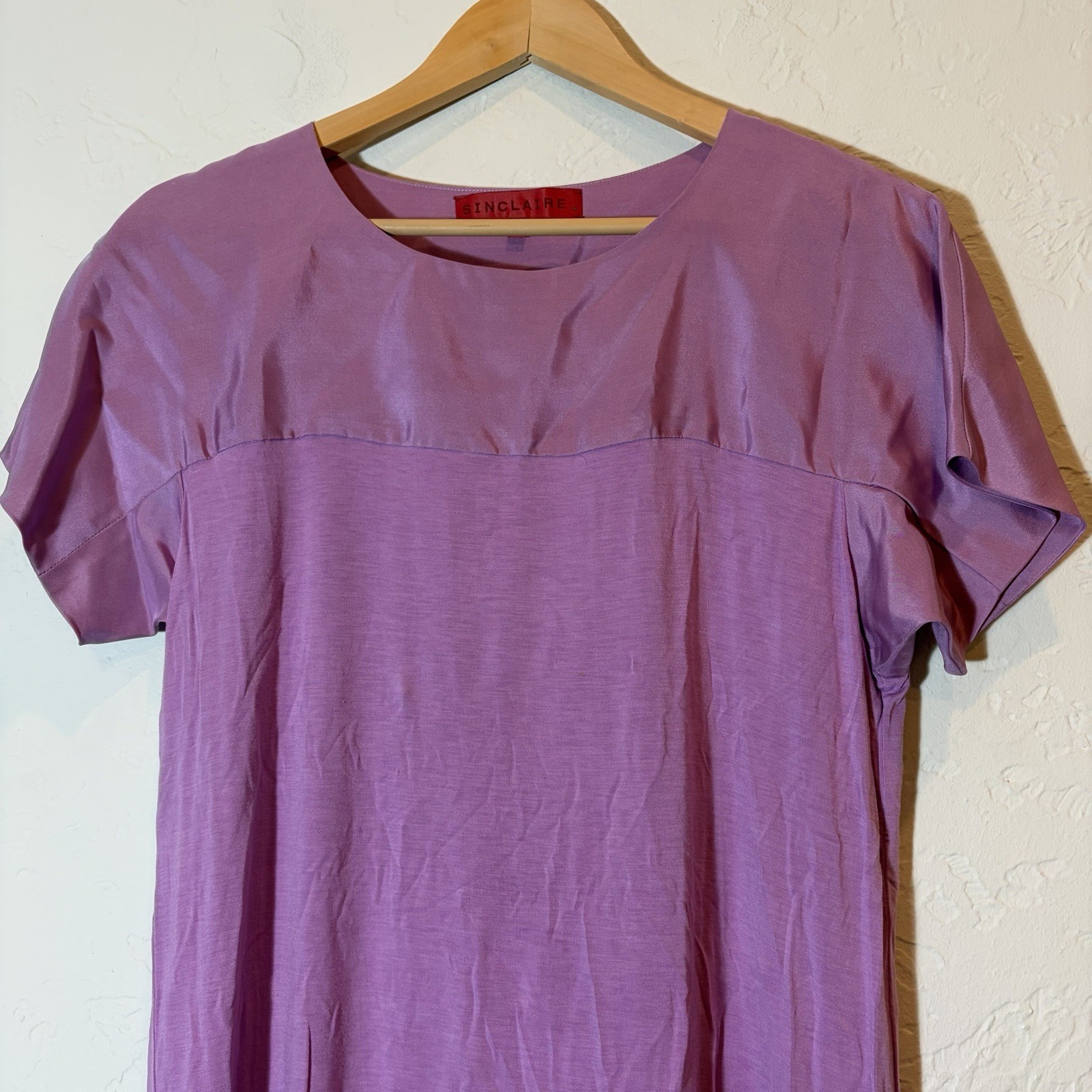 Sinclaire Women’s L Mauve Purple Silk Panel Stretch Short Sleeve Blouse Top
