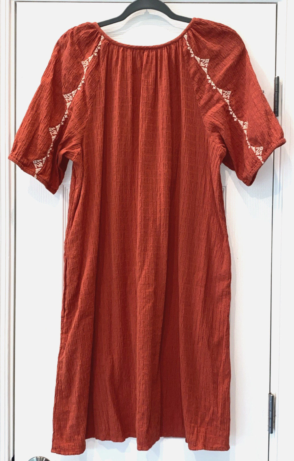 WOMENS J JILL RED/ORANGE EMBROIDERED GAUZE PEASANT SHIFT DRESS MEDIUM PERFECT!
