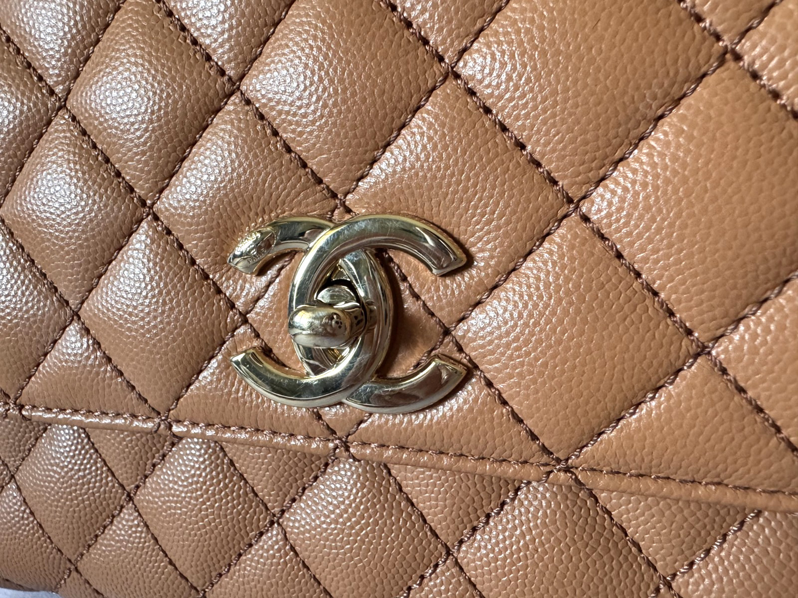 Chanel small flap bag with top handle caramel/cognac brown caviar leather