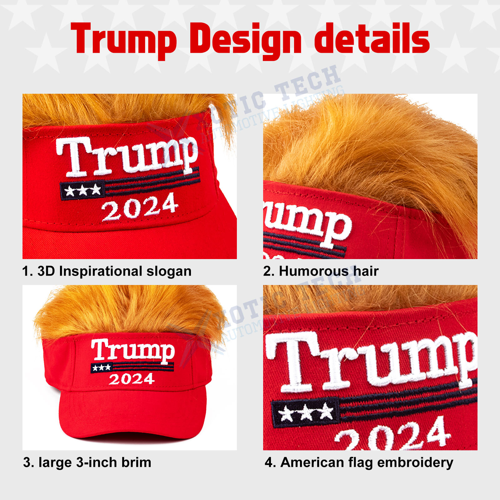 Trump 2024 Hat with 3D Fake Hair Ultra Embroidered Adjustable MAGA Baseball Cap