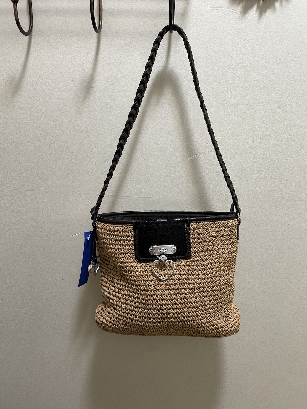 Brighton Tan/Black Woven Straw Look Shoulder Bag Turn Lock Braided Heart Charm