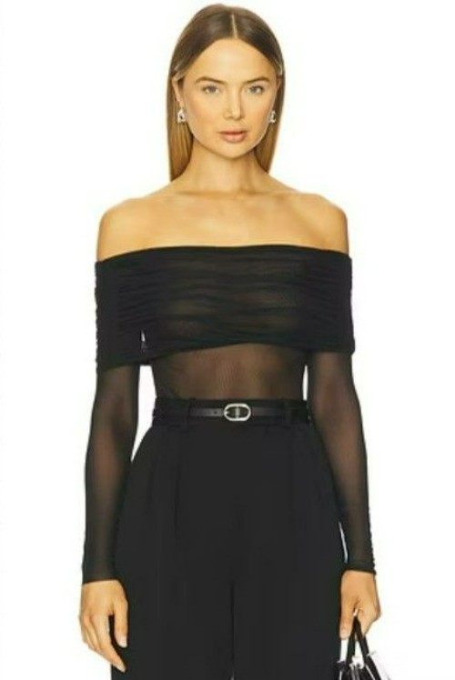HELSA Revolve Black Sheer Knit Off The Shoulder Top Mesh Jersey Long Sleeve