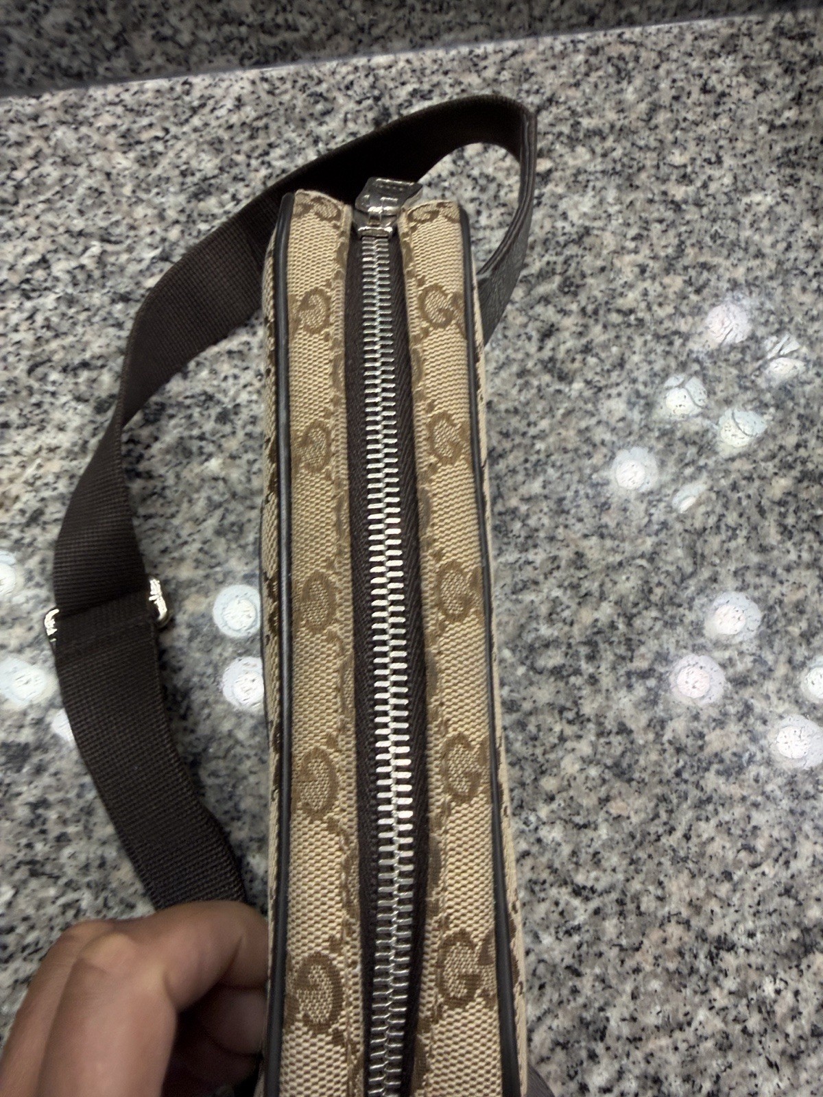Gucci GG Pattern Beige Brown Crossbody Bag Zip Top Brown Strap Silver Hardware