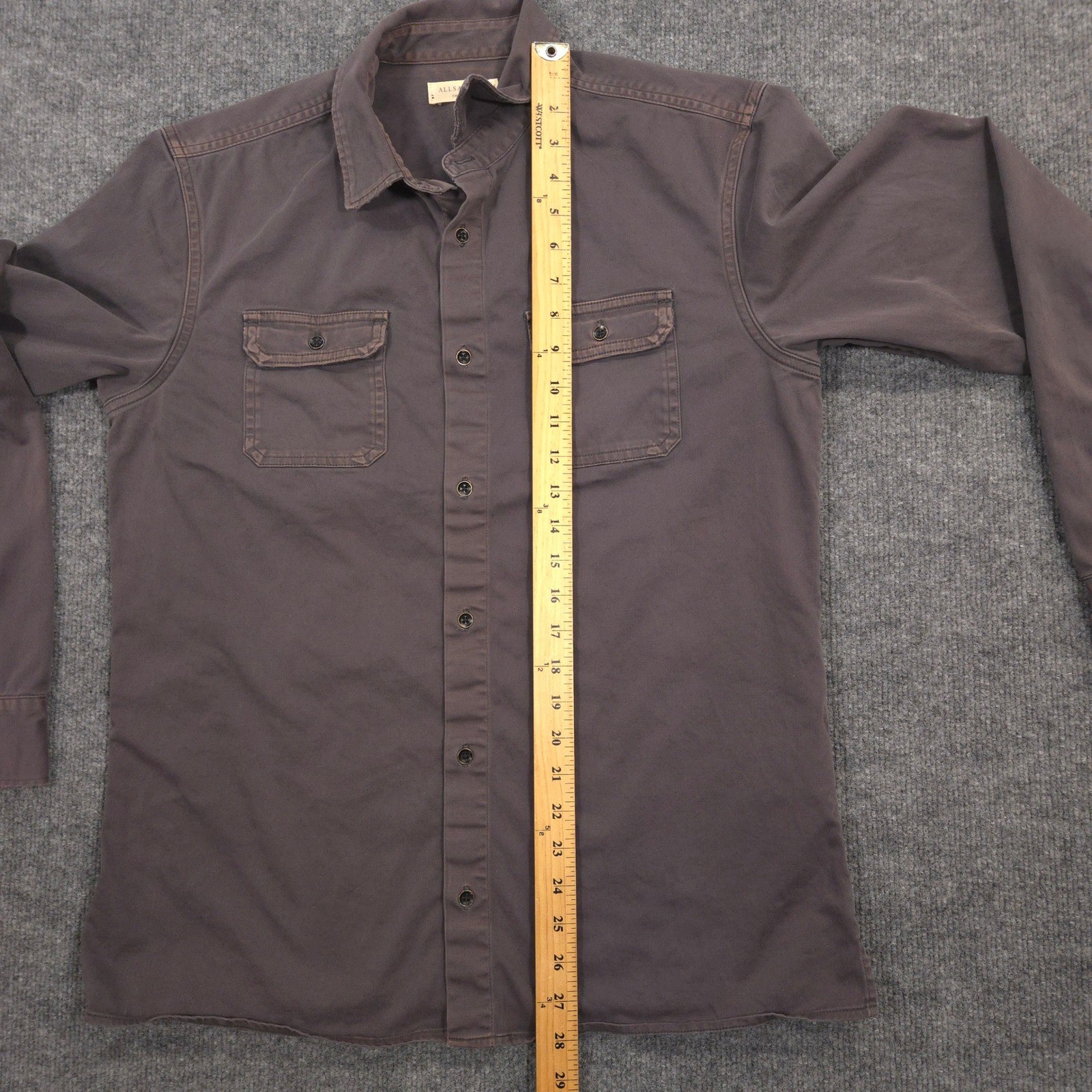 AllSaints Bryant Work Shirt Mens Small Gray Garment Washed Utility Flap Pockets