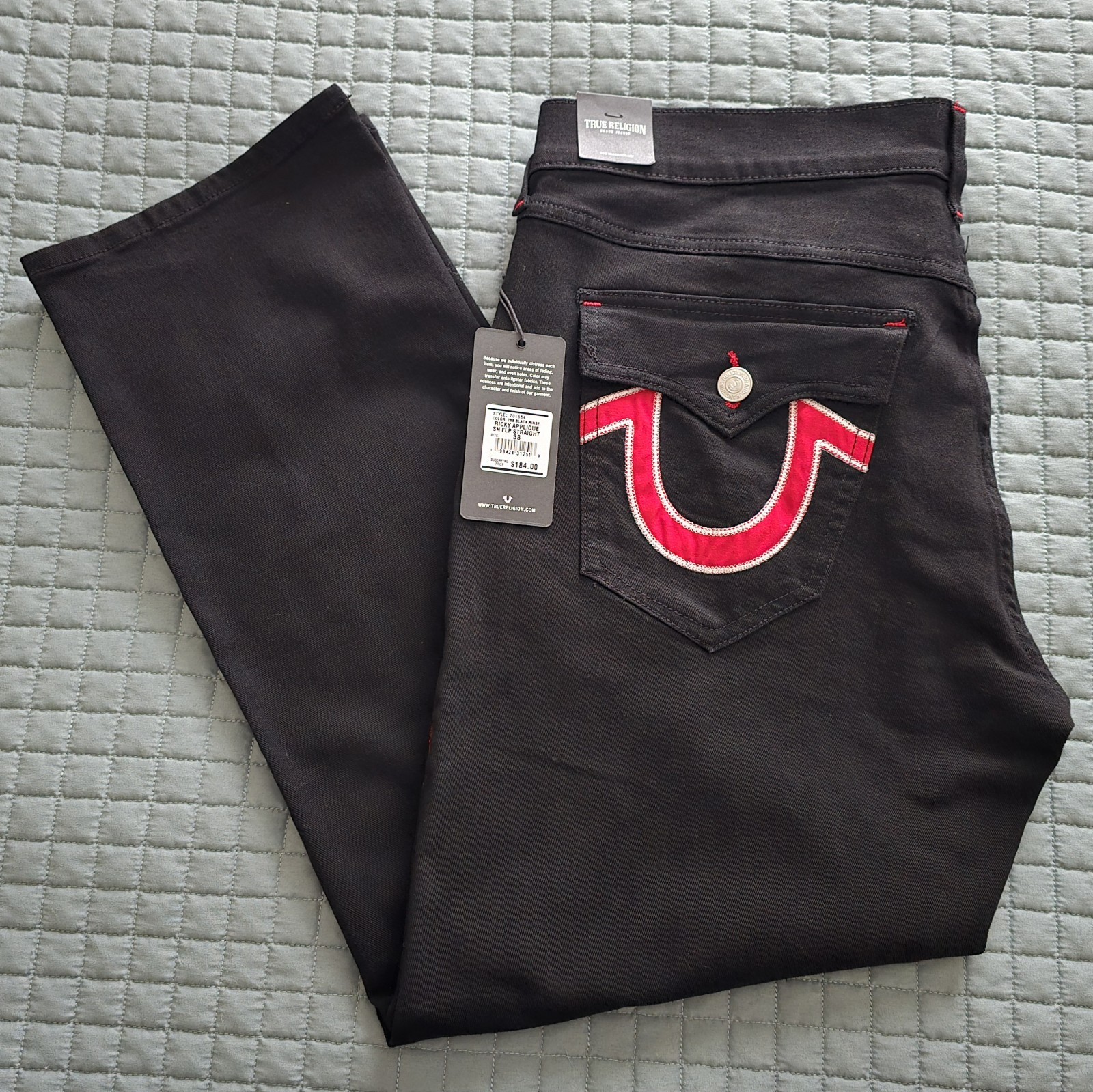 NWT True Religion Ricky Black Jeans Mens 38×30 Red Stitch Relaxed Straight Flap