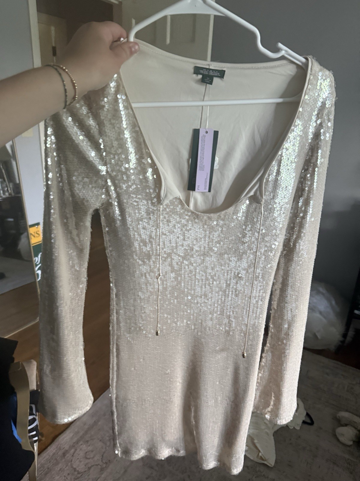 Express Ivory Sequin Scoop Neck Long Sleeve Bodycon Mini Dress Size S