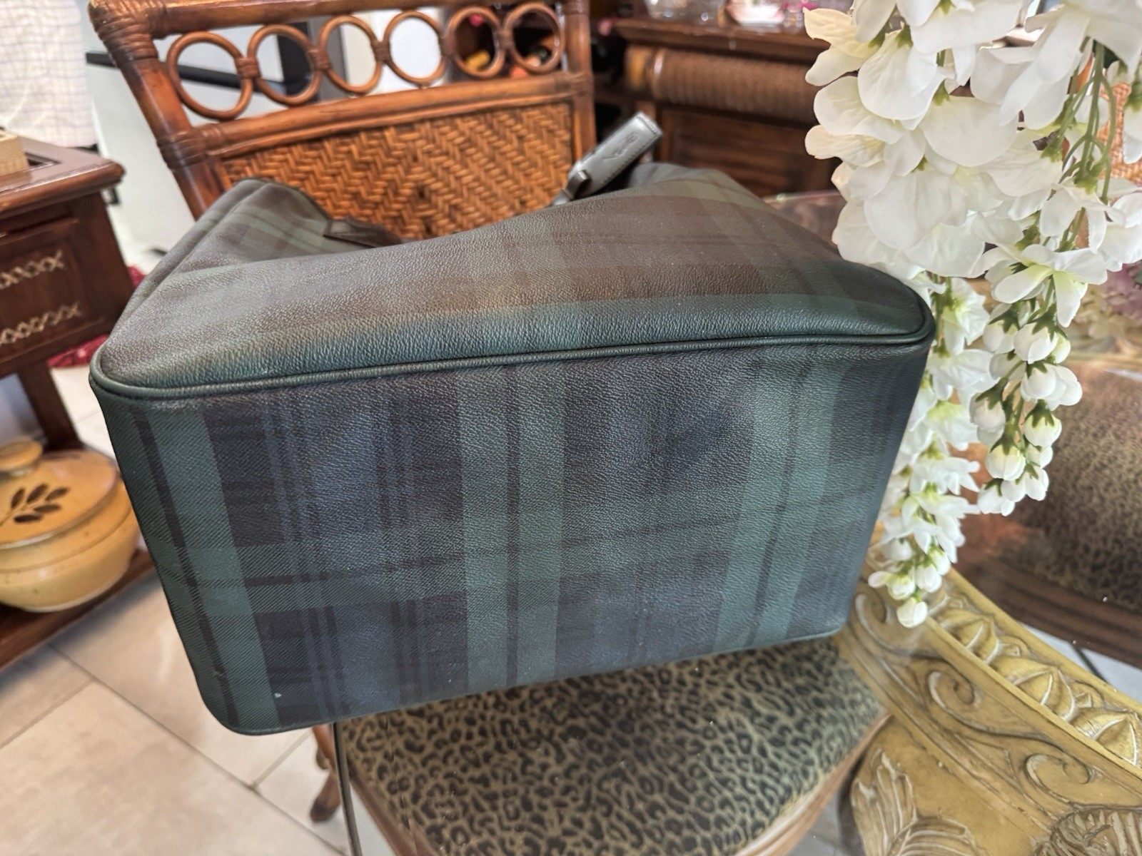 Polo Ralph Lauren Green/Black Plaid Tote Bag Lined Inner Pockets Double Handles