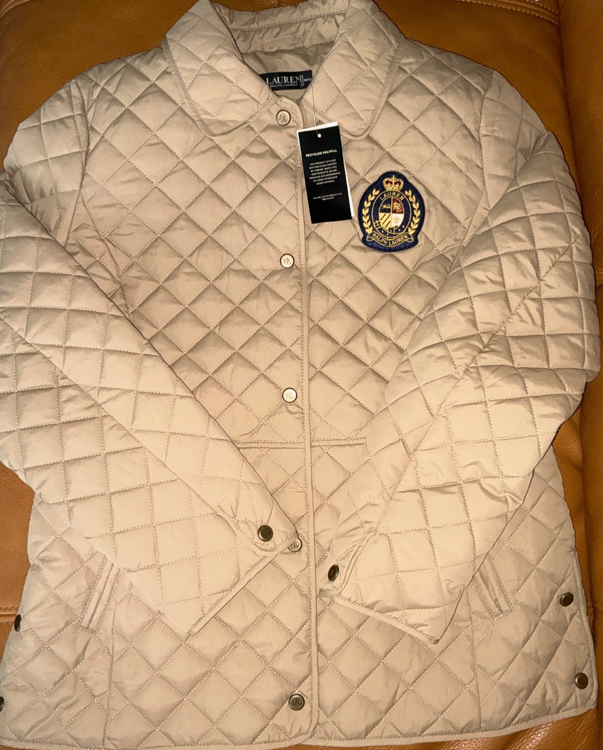 Lauren Ralph Lauren Crest Patch Quilted Jacket Birch Tan Beige Sz M wmns NWT