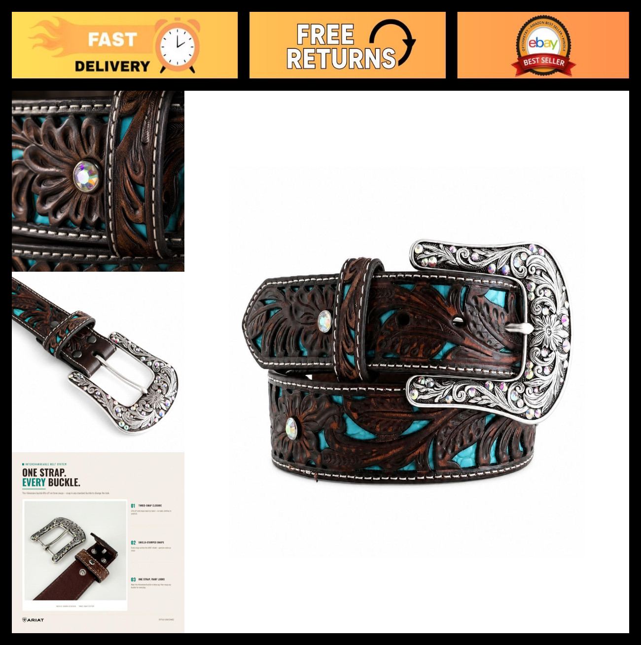 Women’s Floral Bling Belt with Blue Inlay – Stylish Western Accessory