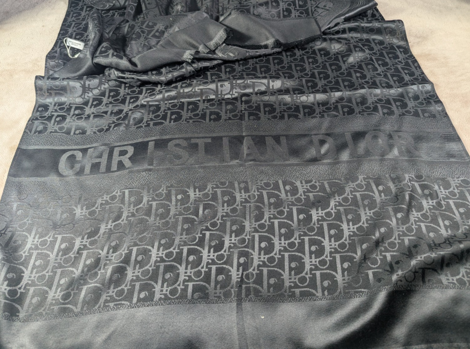 Auth Dior Scarf Shawl Stole Wrap 65% Cashmere 35% Silk Black Used