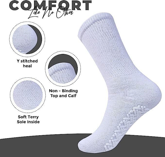 12 Pairs Gripper Non Skid Diabetic Cotton Crew Socks Non Binding Loose Fit Top