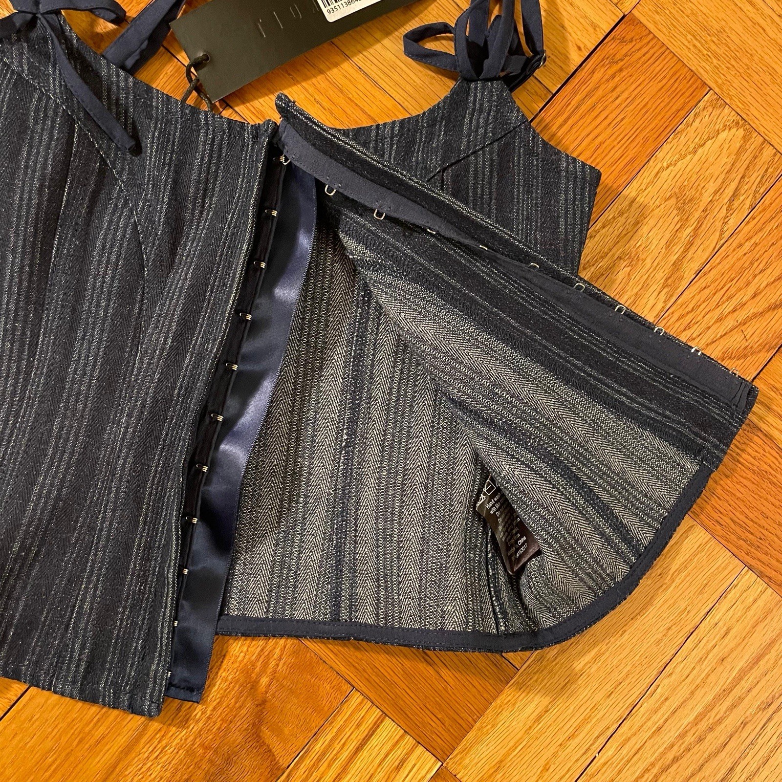 LIONESS Charismatic Denim Corset in Dark Pinstripe Size 0 NEW