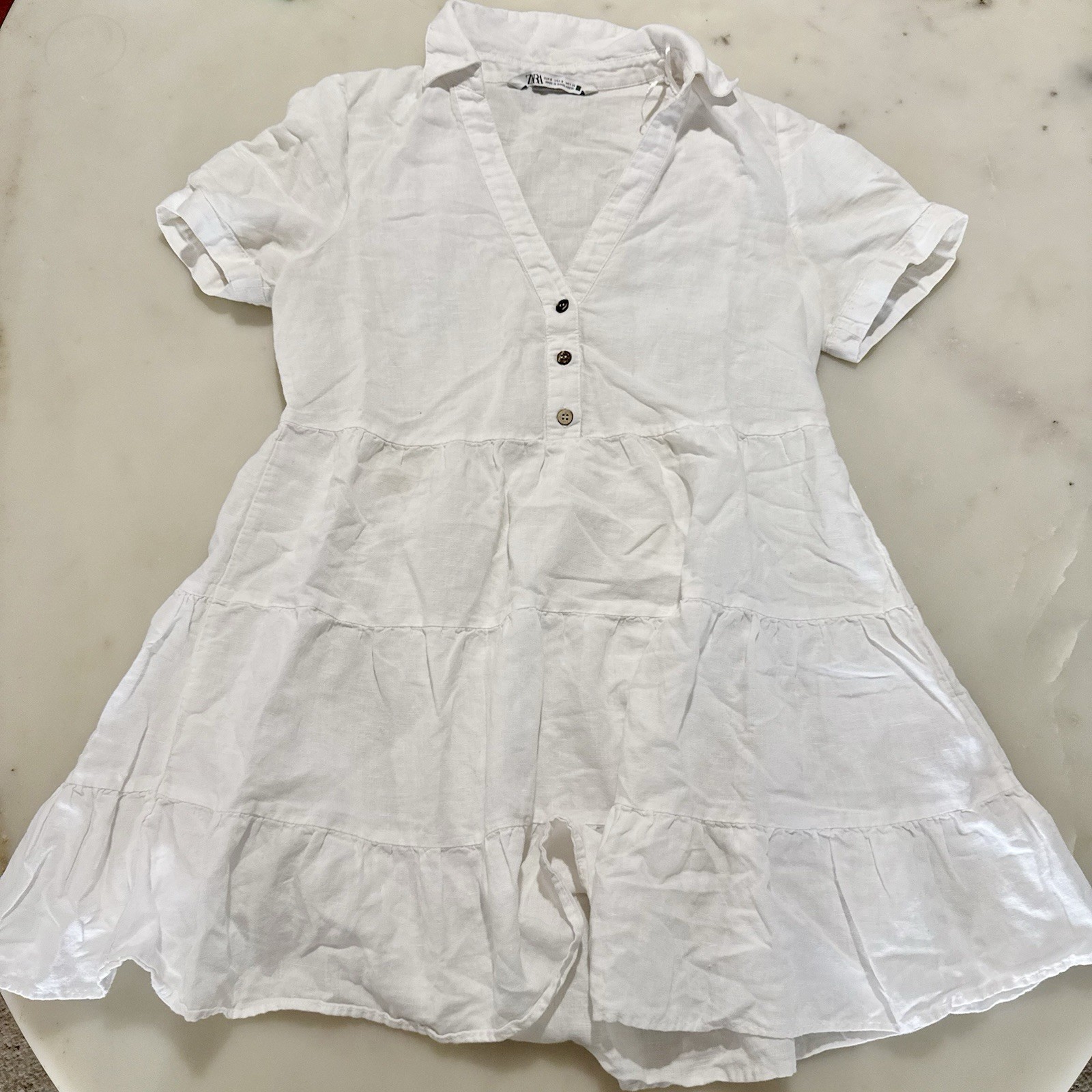 Zara 52% Linen 48% Cotton White Tiered Button Mini Dress Minimalist Sundress