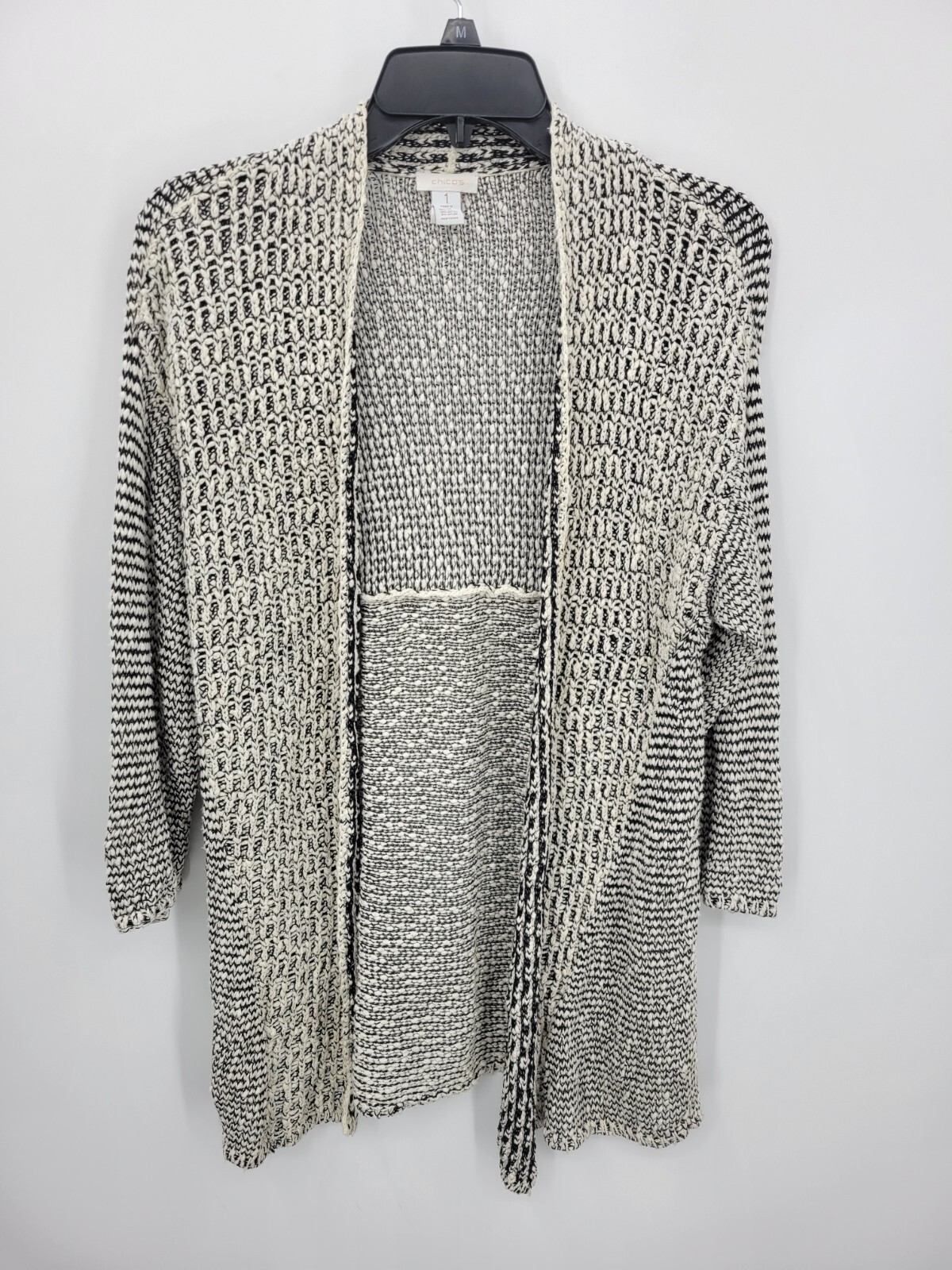 Chicos Cardigan Sweater Womens Medium 1 Black Ivory Marl Open Front Boho Artsy