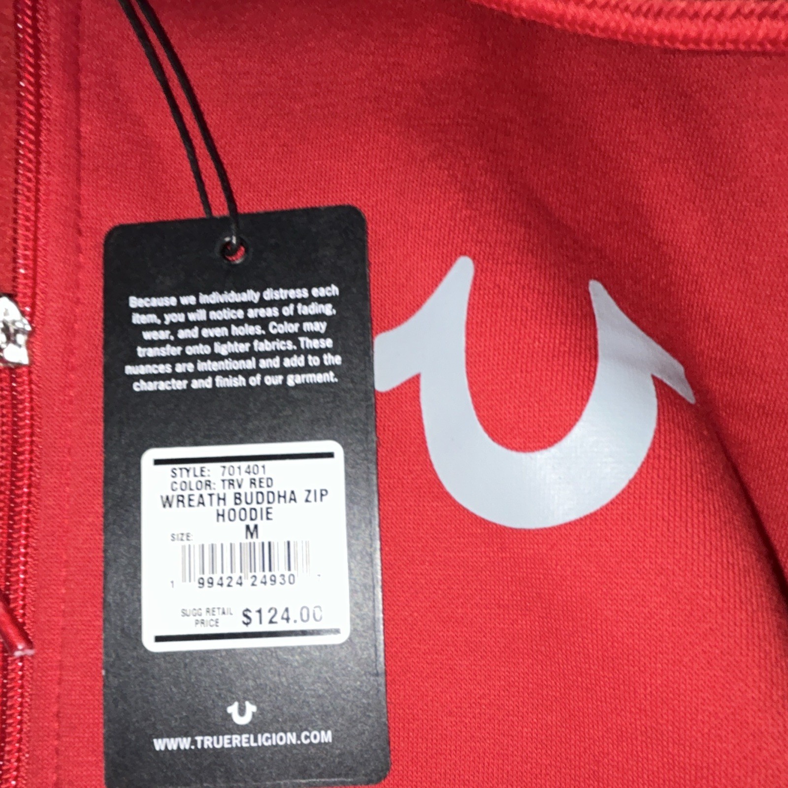True Religion Men’s M Red Full Zip Hooded Fleece Hoodie Buddha Wreath Logo