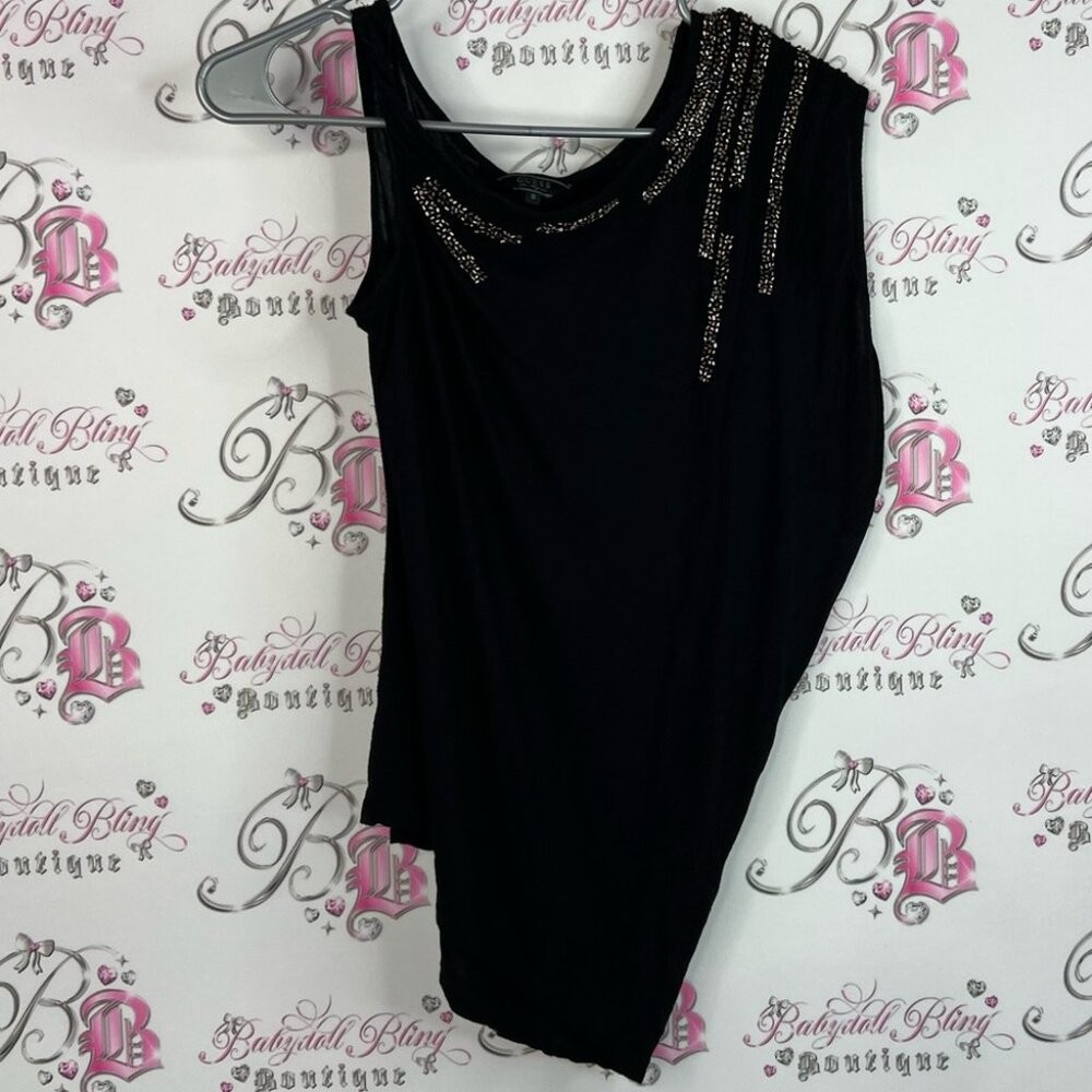Guess tank top beaded sparkly Black Asymmetrical Top with Silver gold Accents