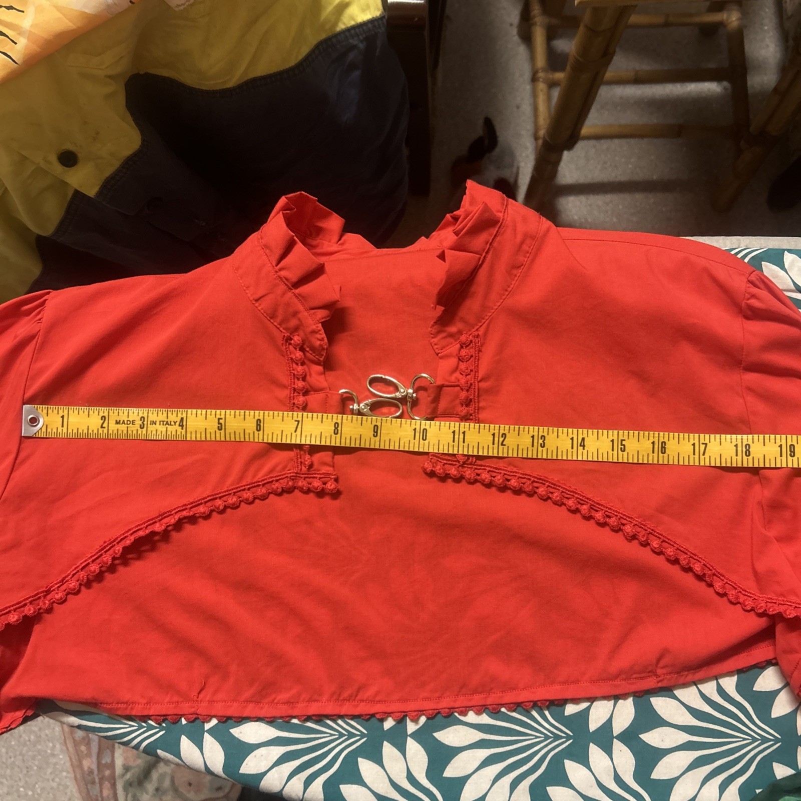 Upcycled handmade red bolero top with flared Desigual scarf sleeves